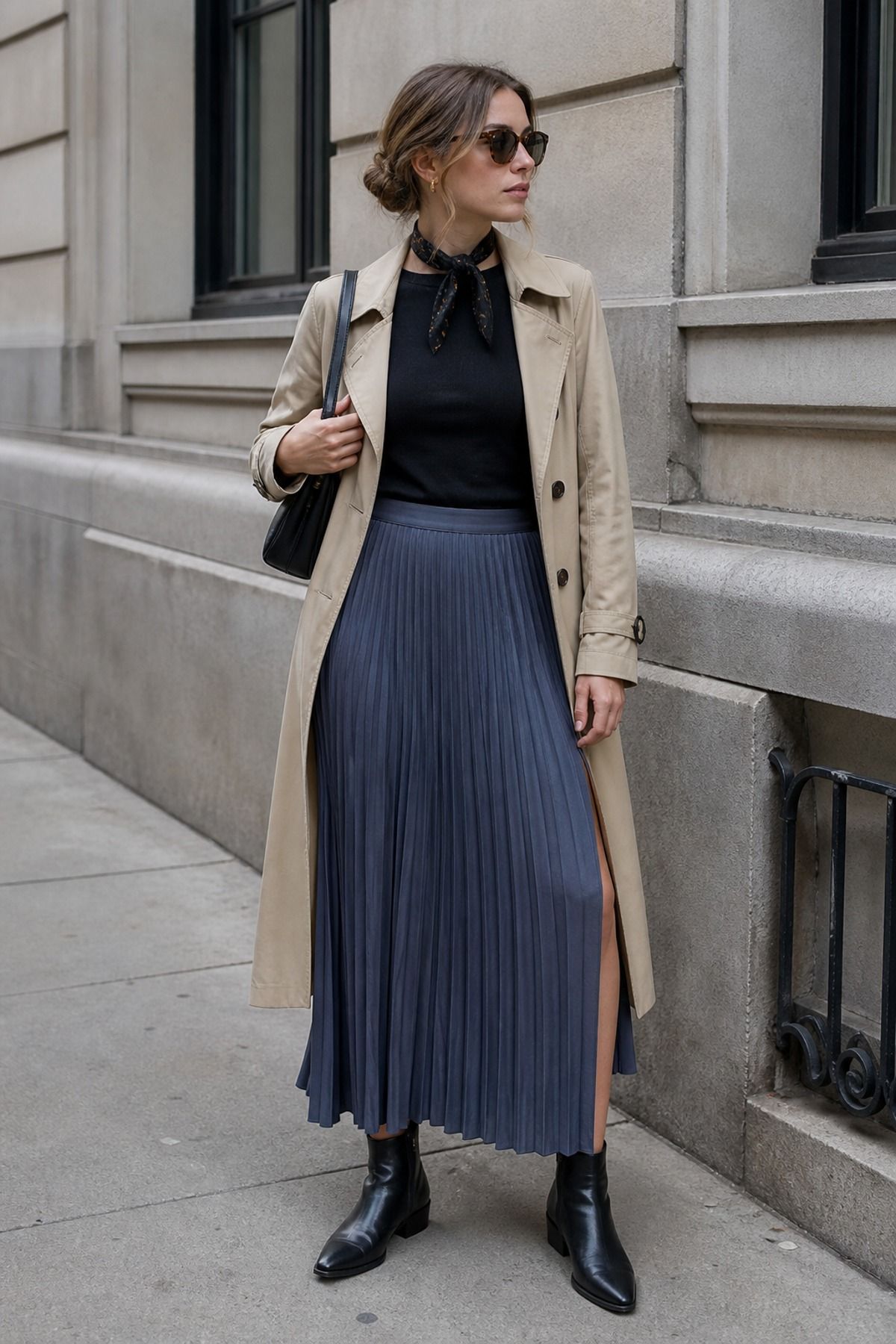 Woman wearing a maxi skirt with a trench coat