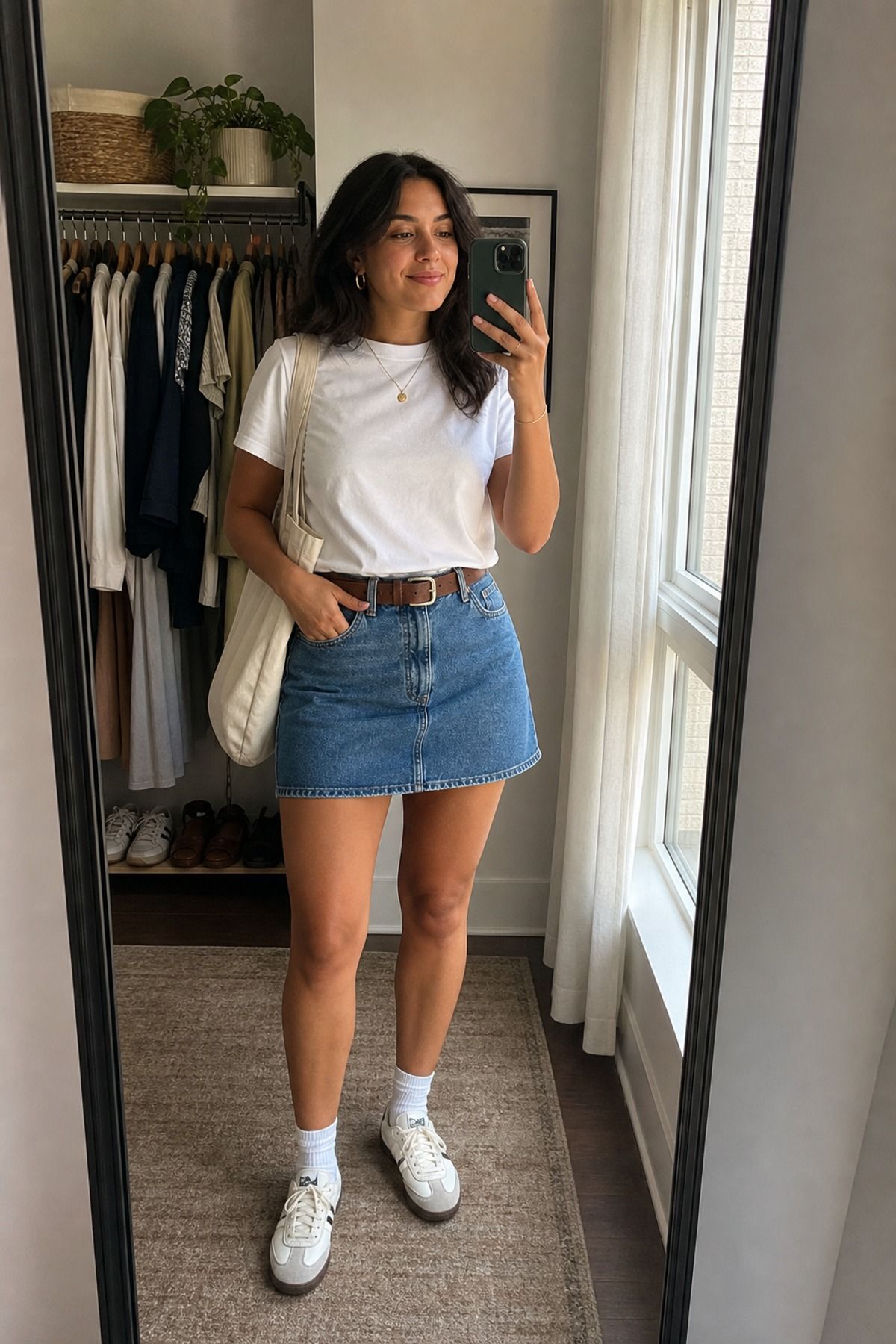 Woman wearing a mini skirt with a white t-shirt
