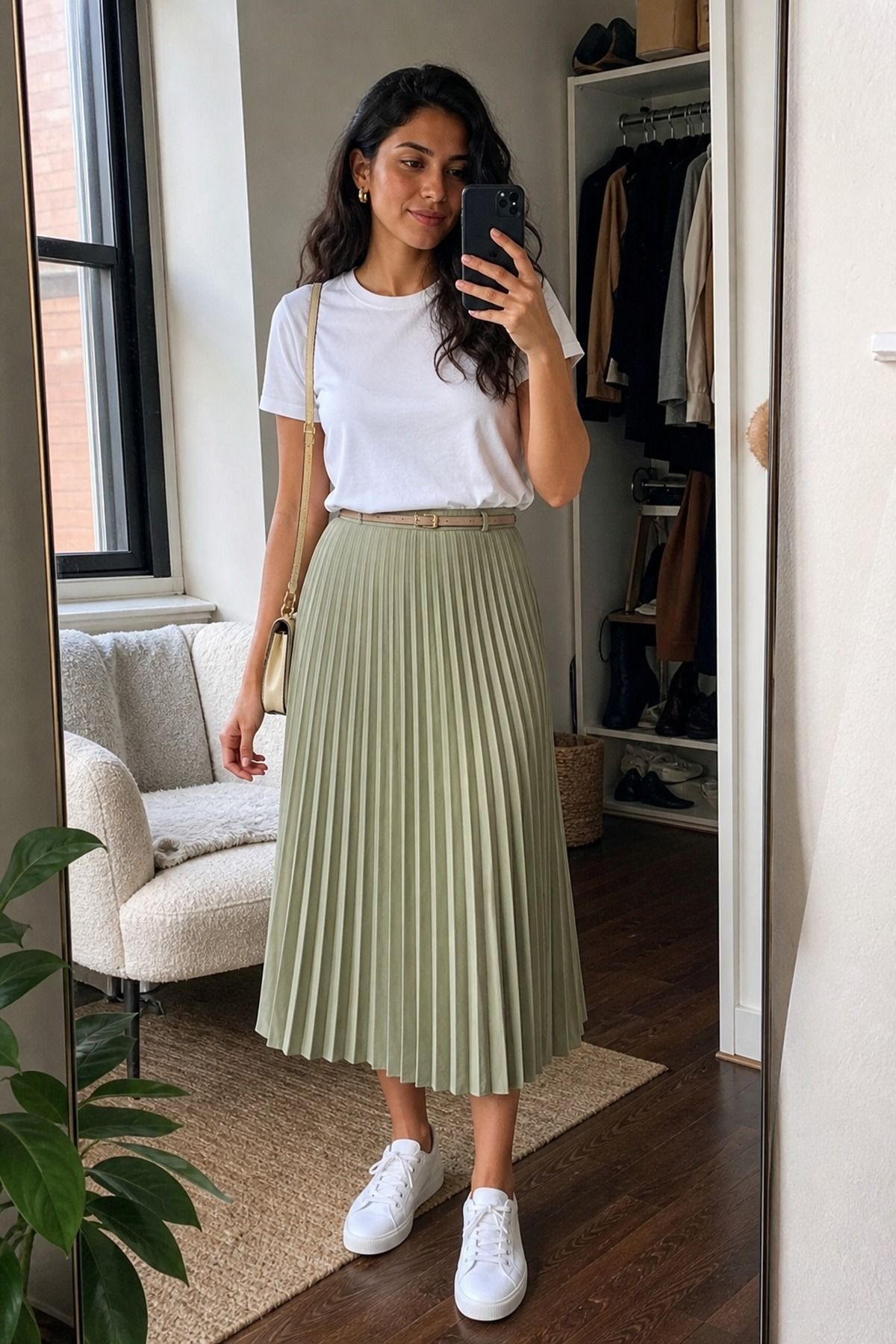 Woman wearing a pleated skirt with a white t-shirt