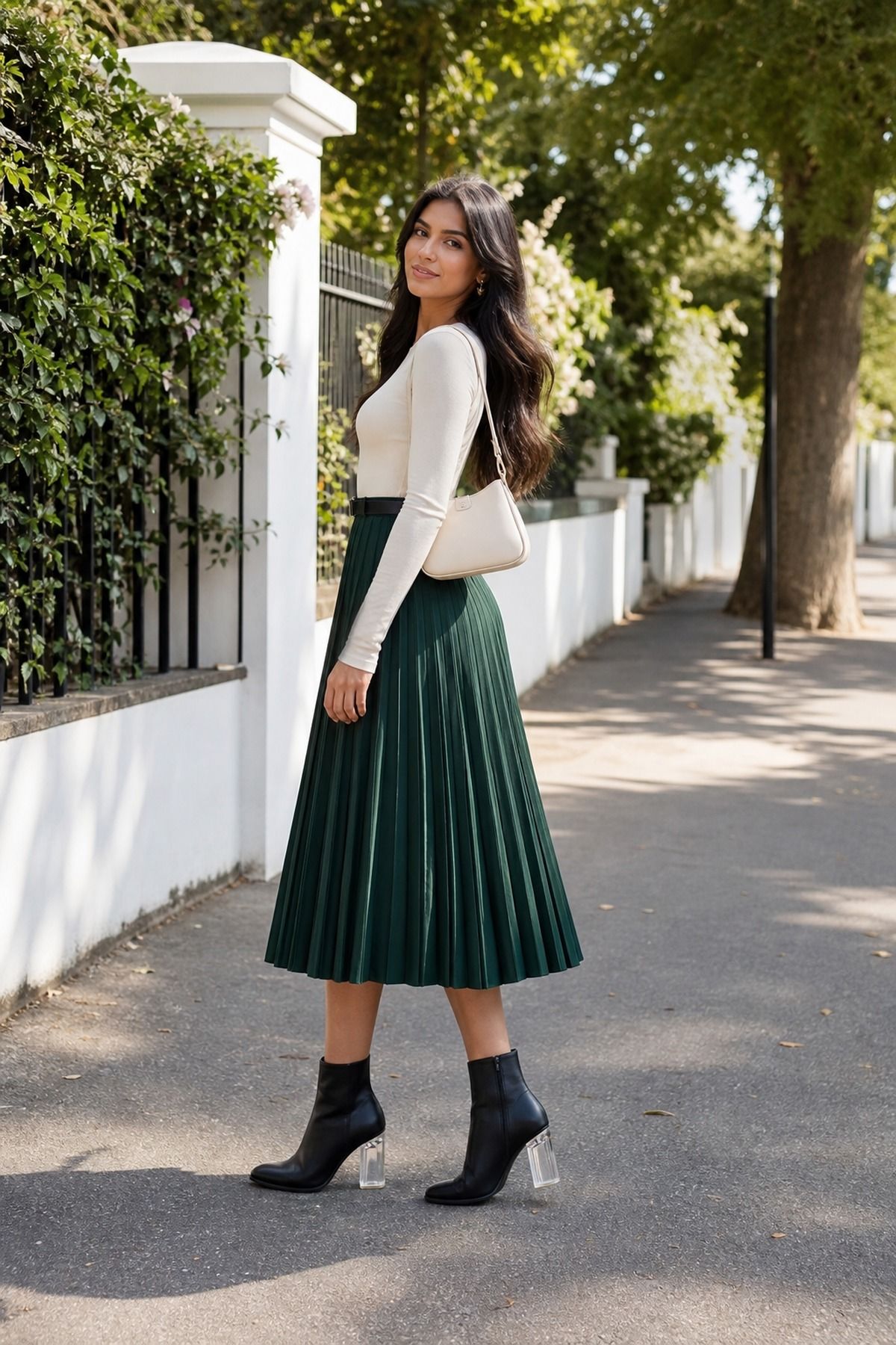 Woman wearing a pleated skirt with ankle boots