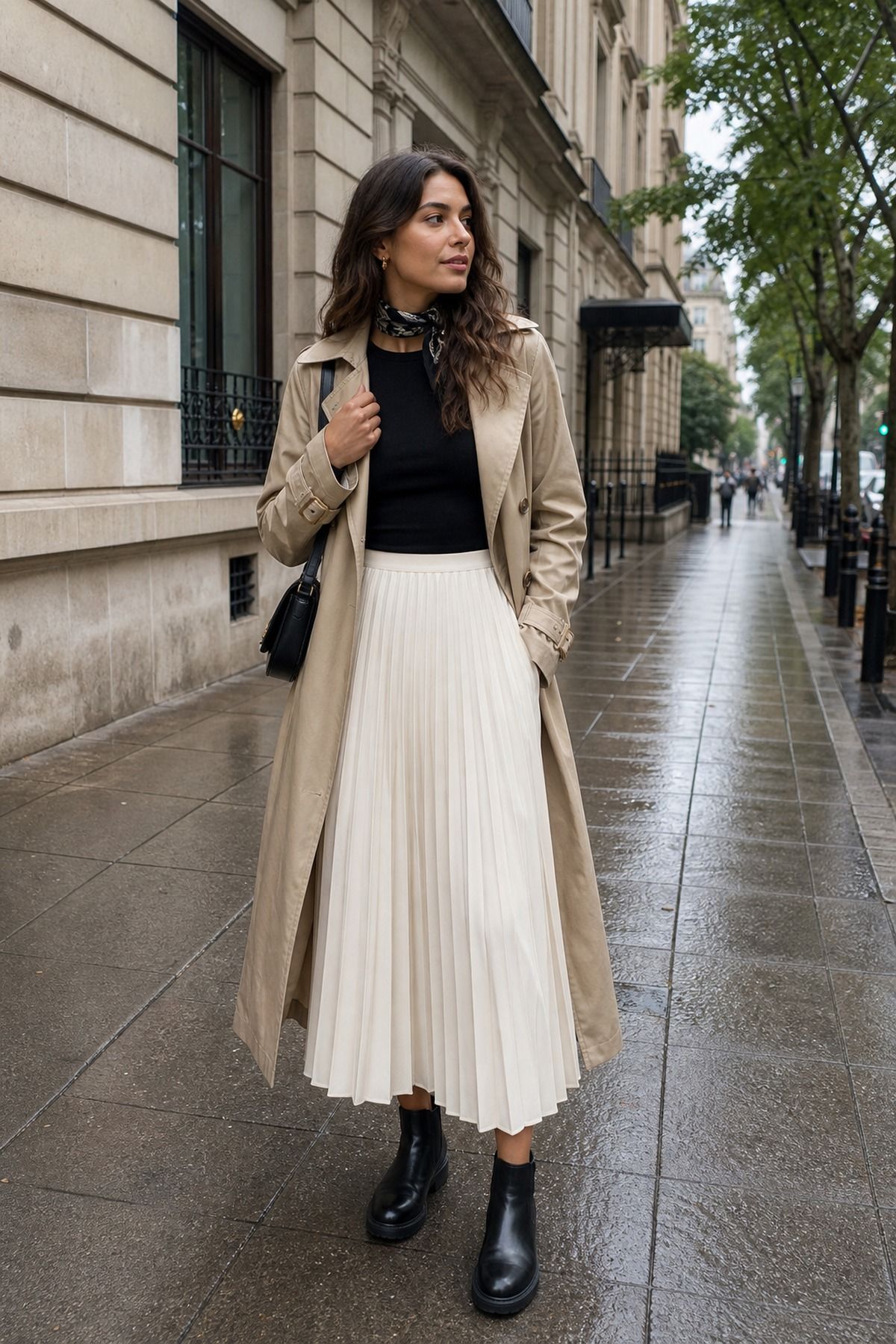 Woman wearing a pleated skirt with a trench coat