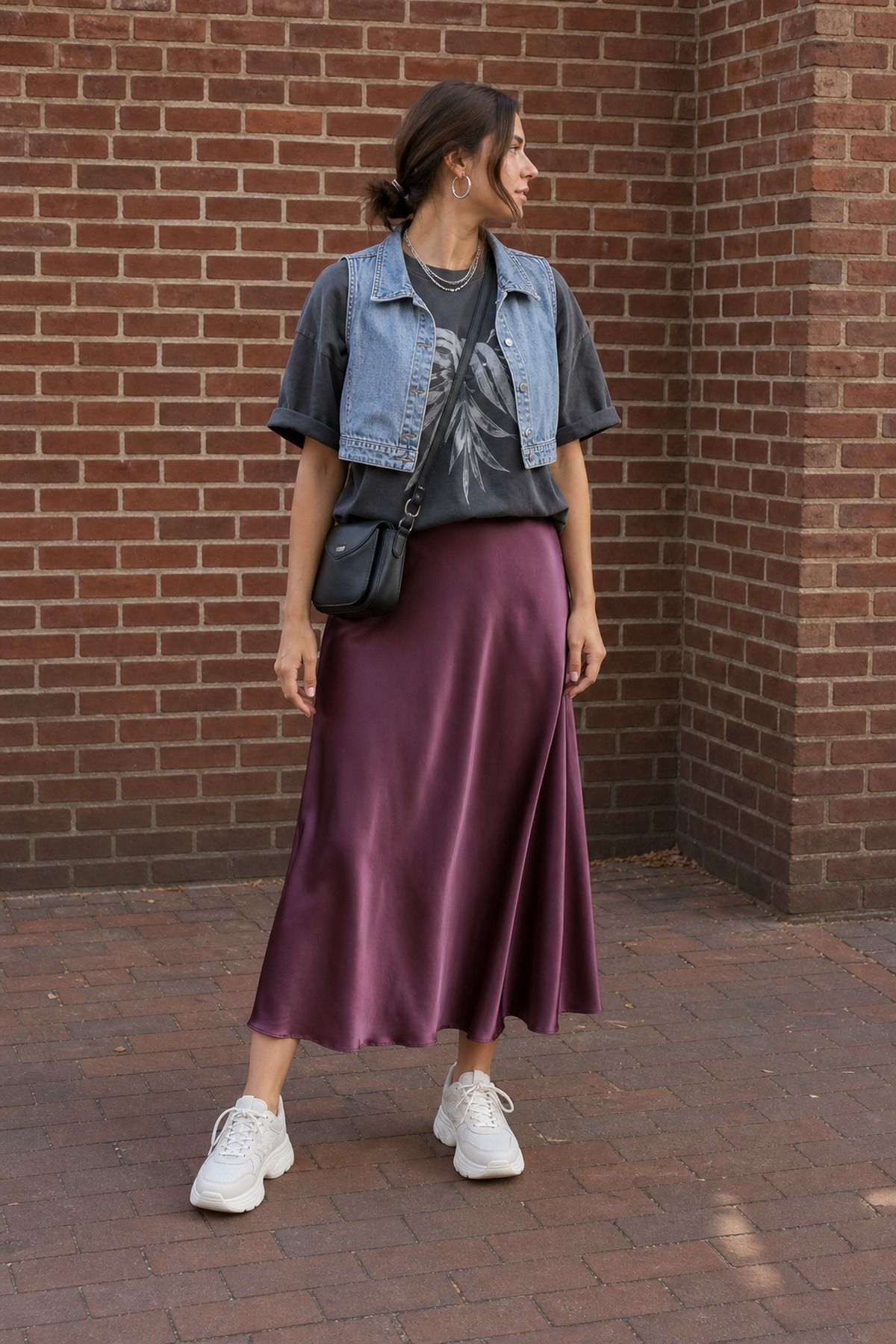 Woman wearing a satin skirt with a graphic tee