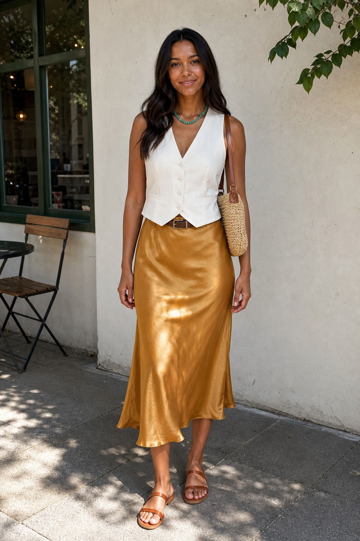 Woman wearing a satin skirt with a vest