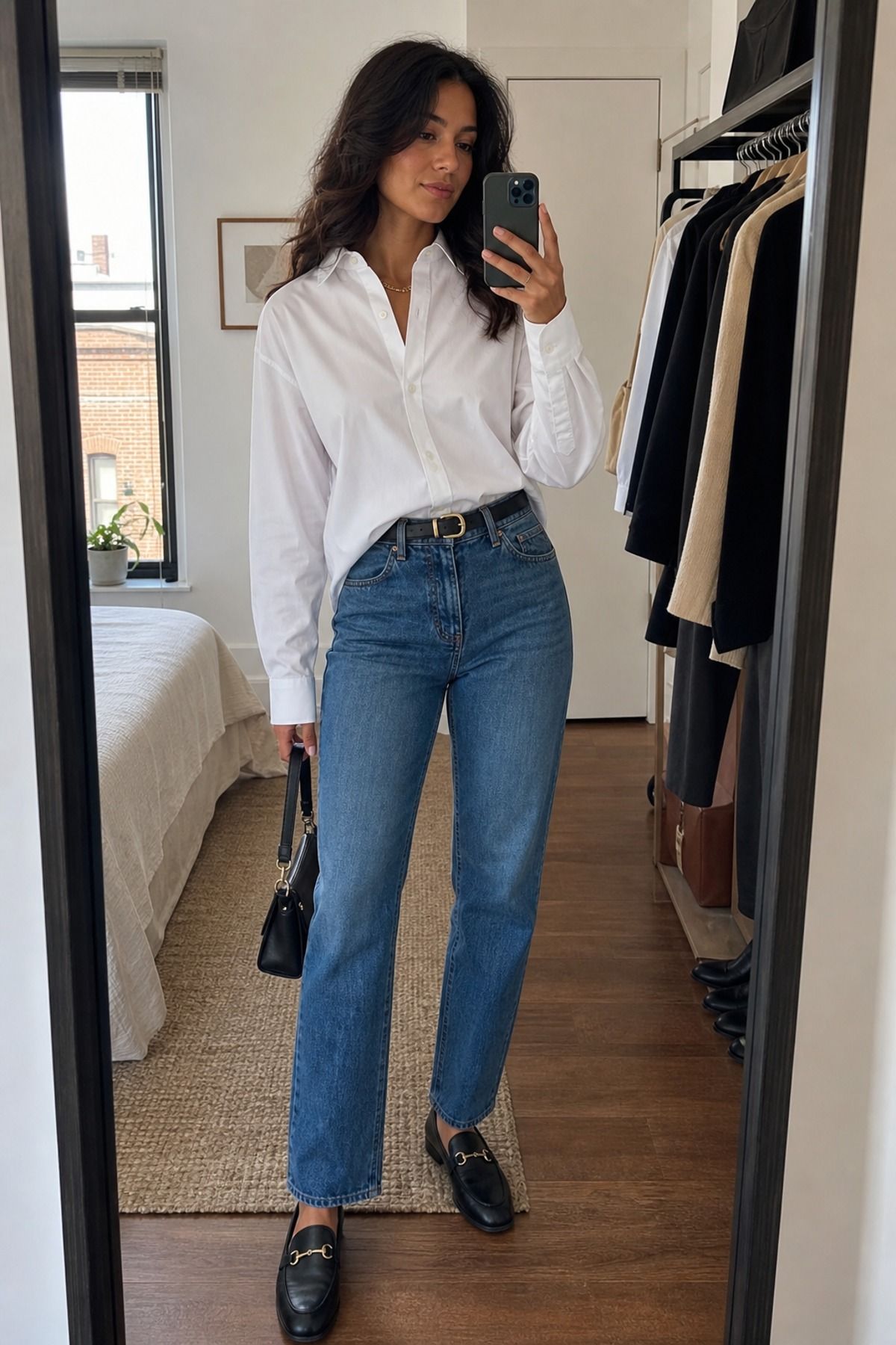 Woman wearing a white shirt with straight jeans, a shirt and jeans outfit