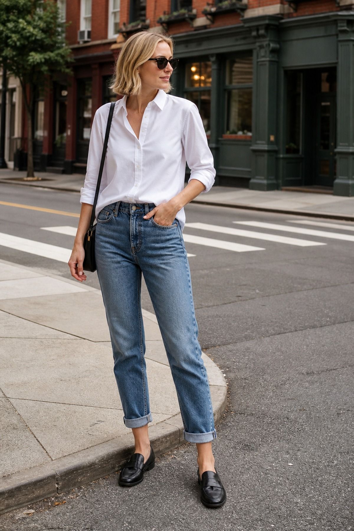 Woman wearing a shirt with cuffed jeans, a shirt and jeans outfit