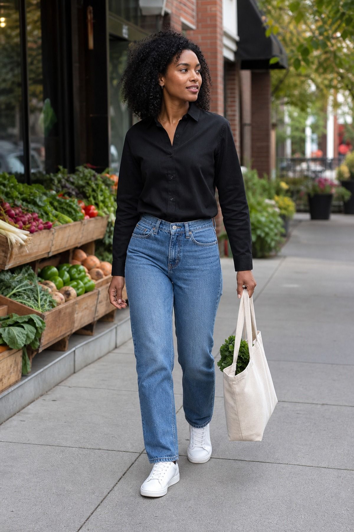 Woman wearing a black shirt with blue jeans, a shirt and jeans outfit