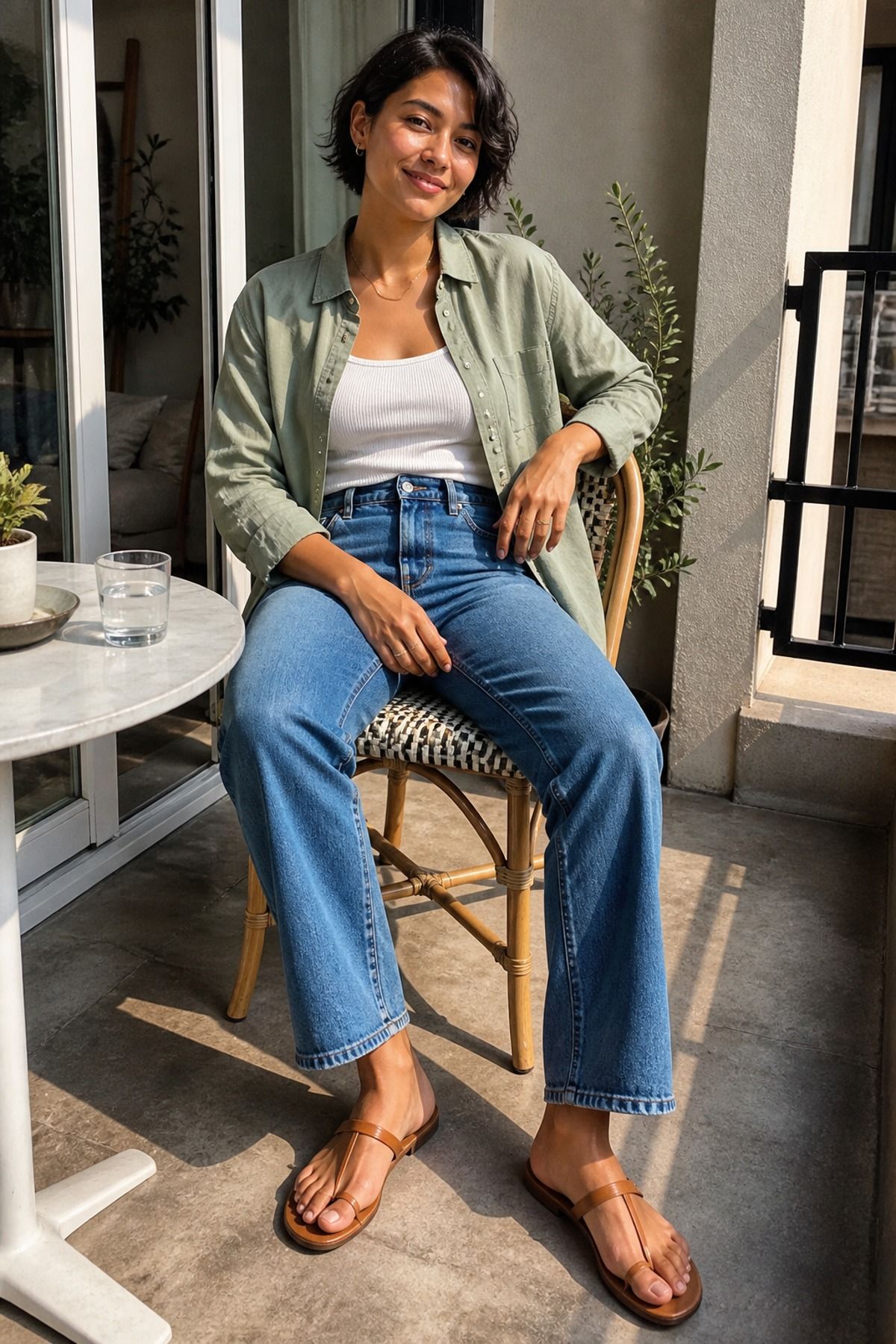 Woman wearing an open shirt with a tank and jeans, a shirt and jeans outfit
