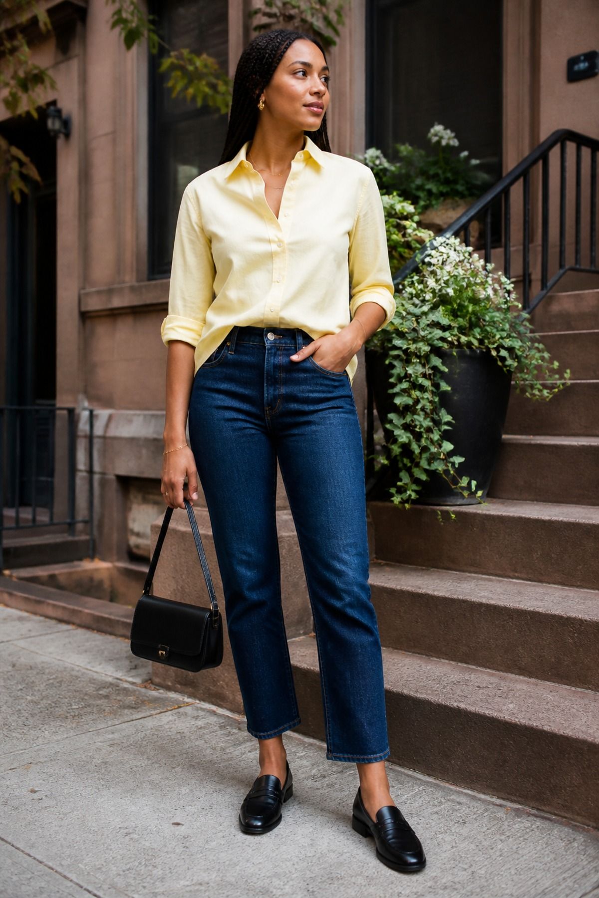 Woman wearing a shirt with jeans and loafers, a shirt and jeans outfit