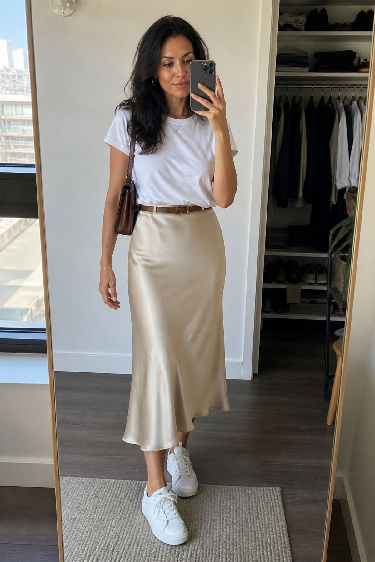 Woman wearing a slip skirt with a white t-shirt