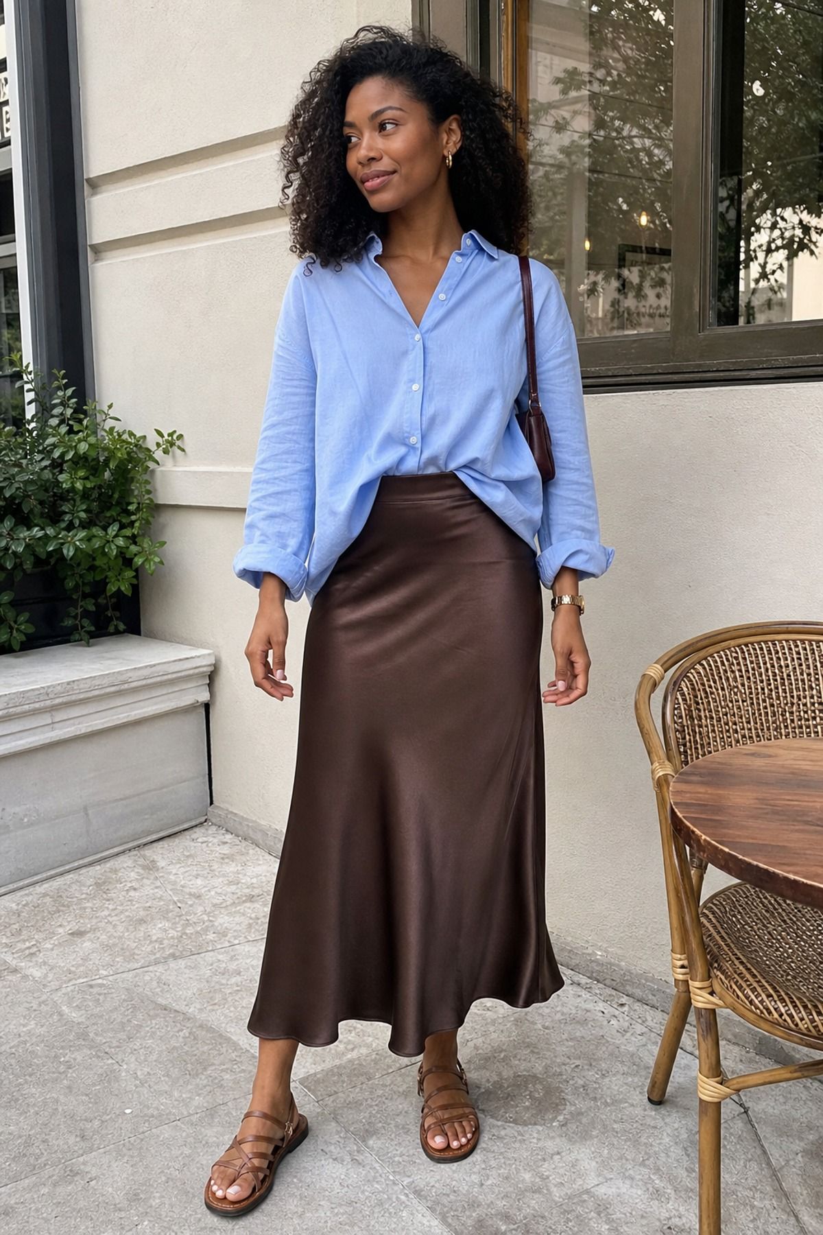 Woman wearing a slip skirt with a button down shirt