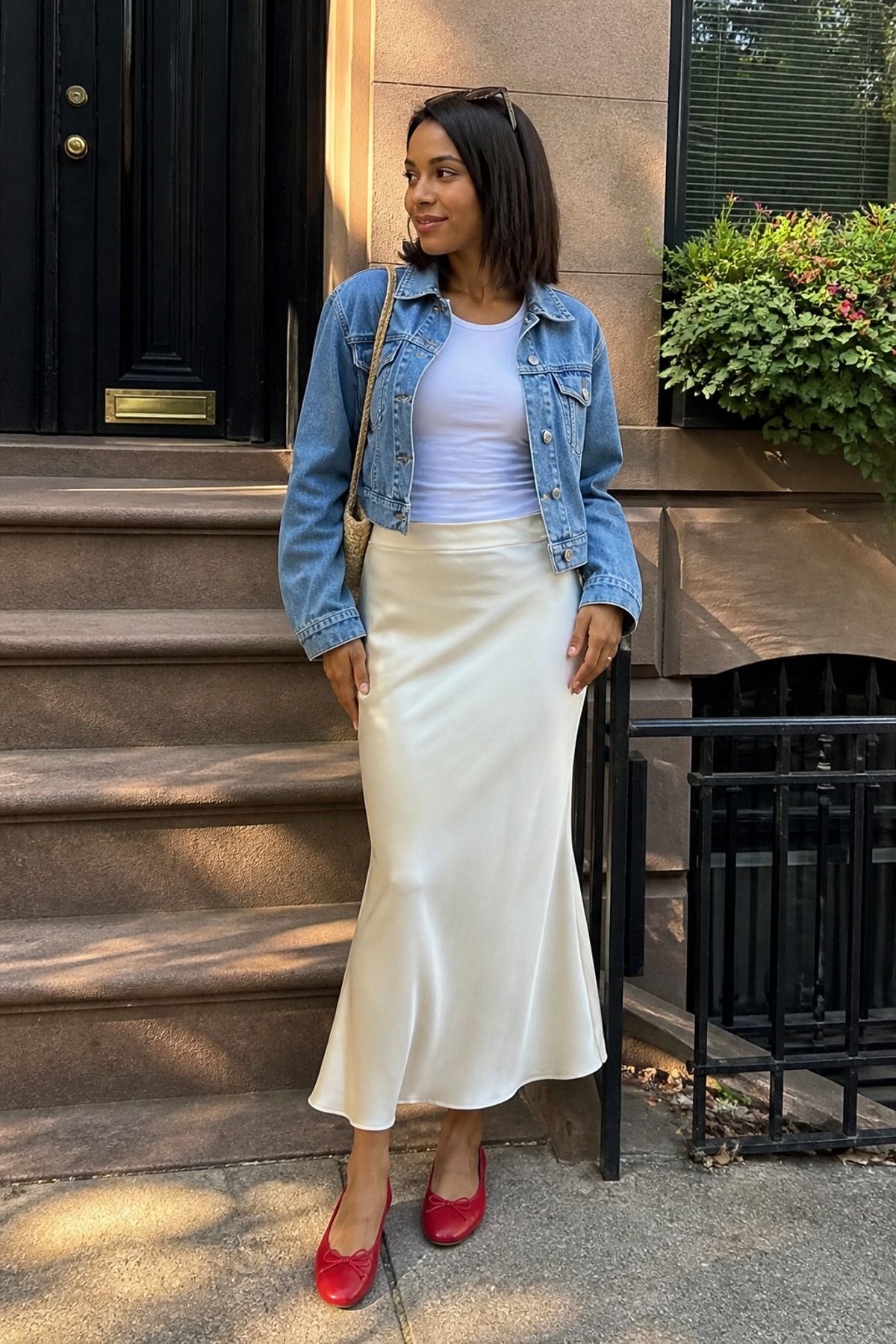 Woman wearing a slip skirt with a denim jacket