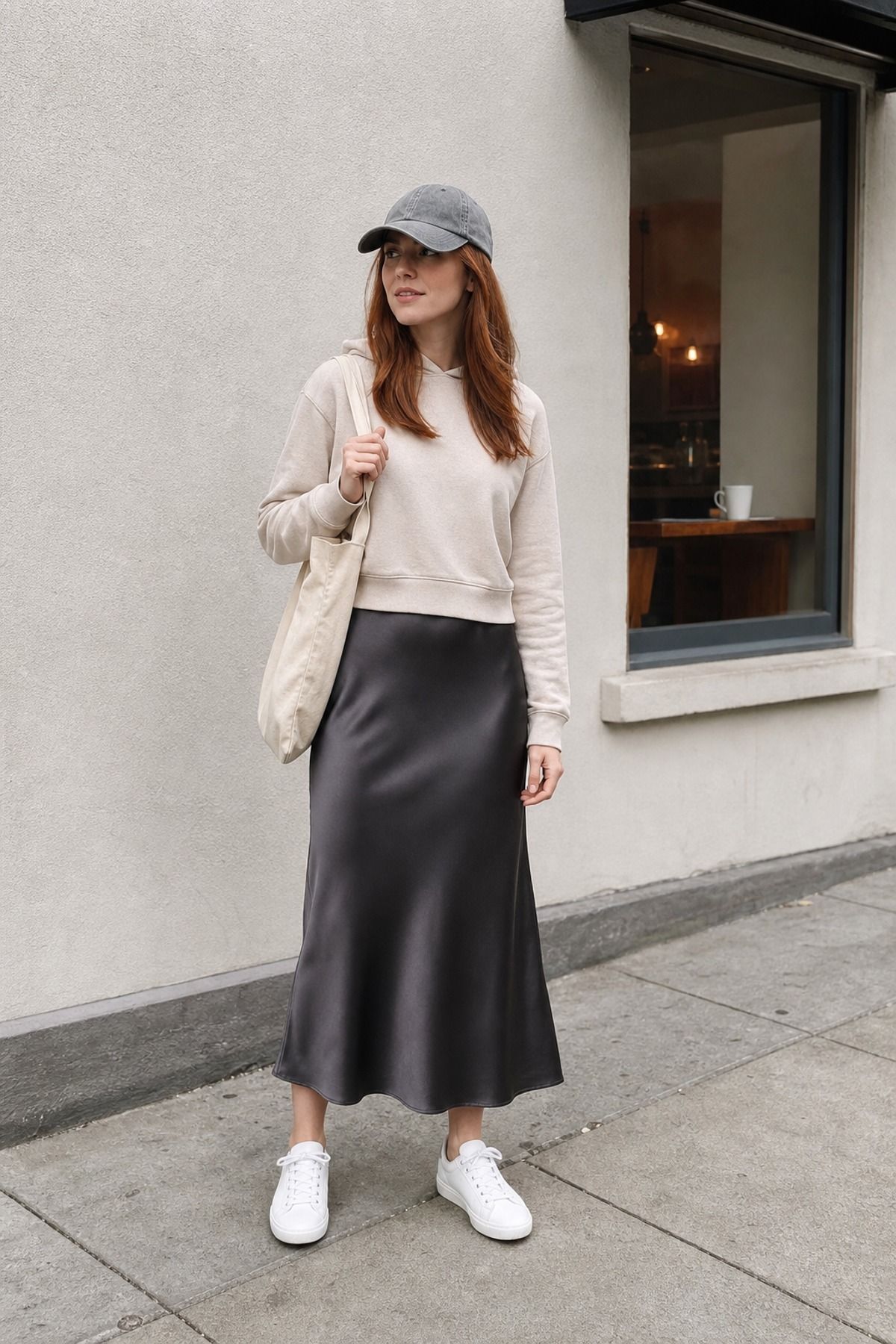 Woman wearing a slip skirt with a hoodie