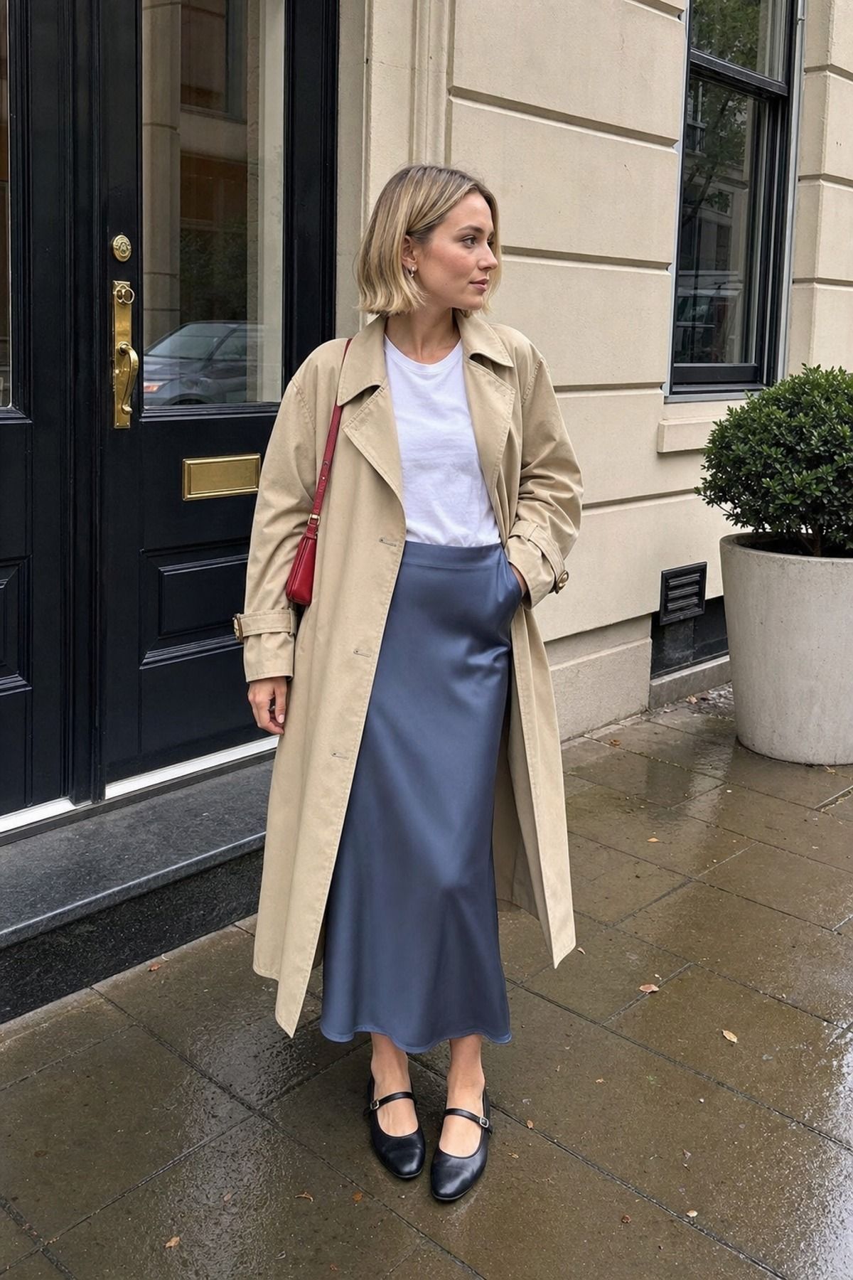 Woman wearing a slip skirt with a trench coat