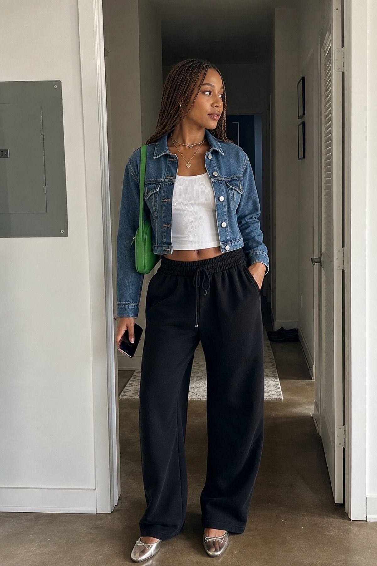 Woman wearing sweatpants with a denim jacket