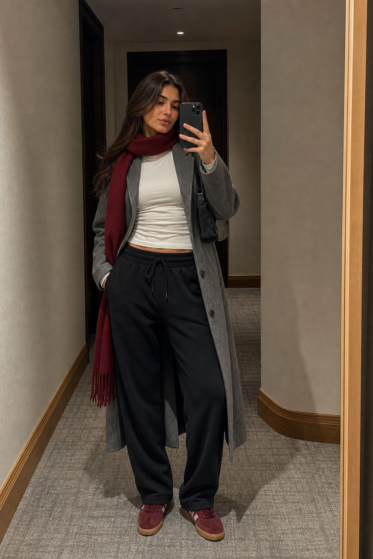 Woman wearing sweatpants with a long coat