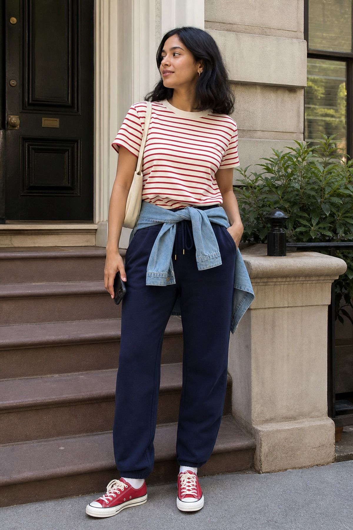 Woman wearing sweatpants with a striped tee