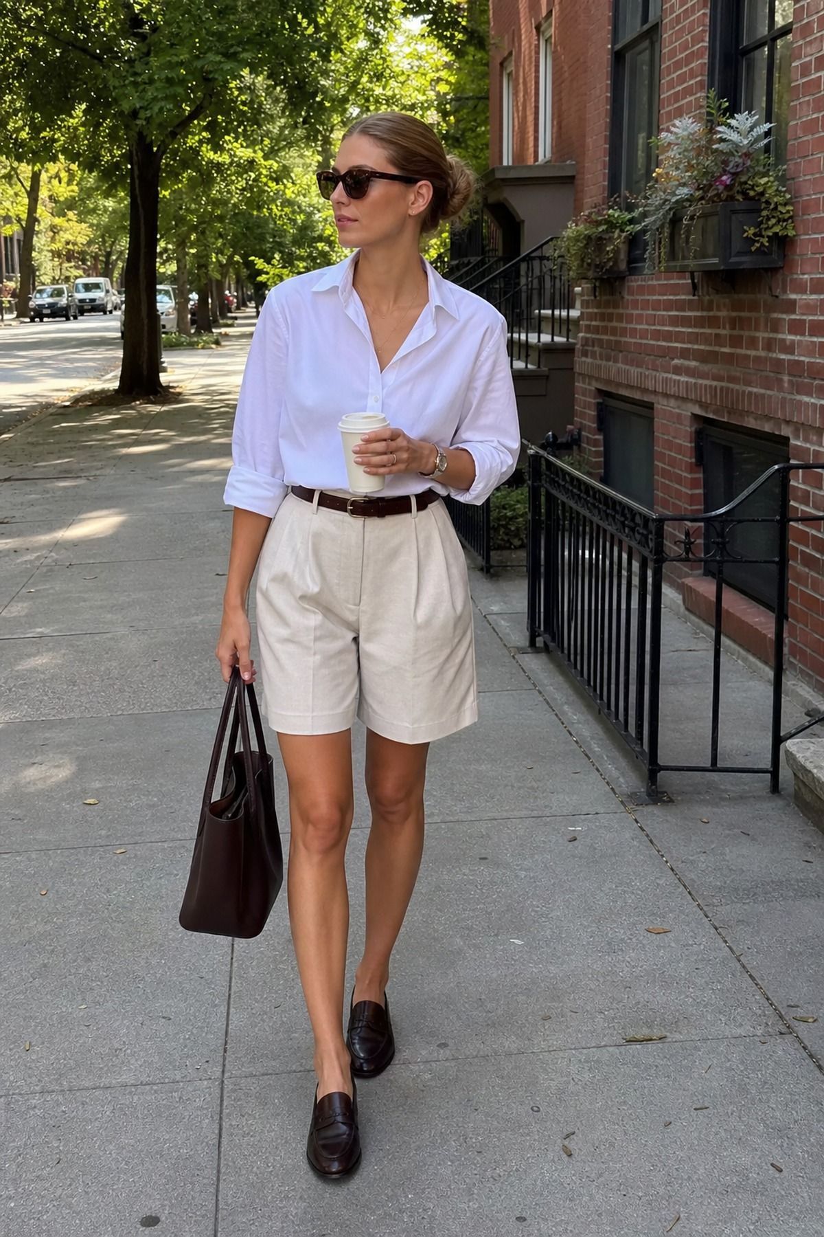 Woman wearing tailored shorts with a button down