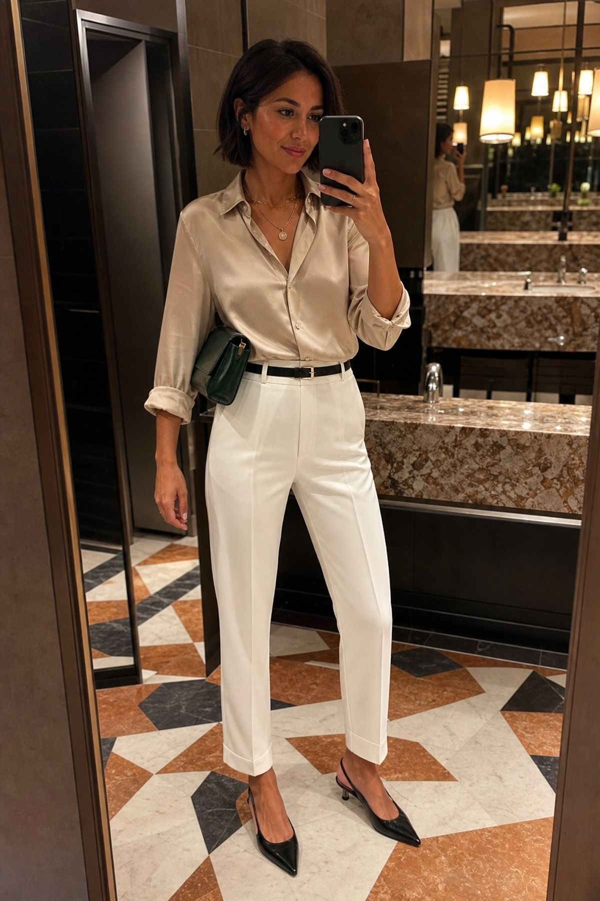 Woman wearing white pants with a silk blouse
