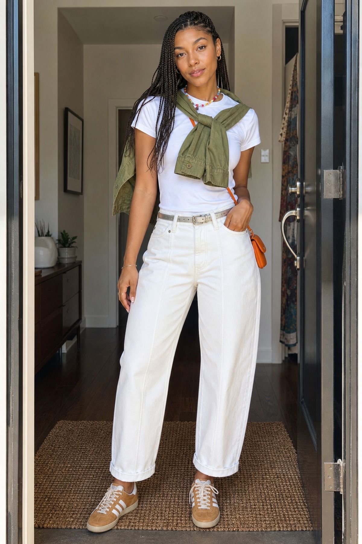 Woman wearing white pants with a white tee