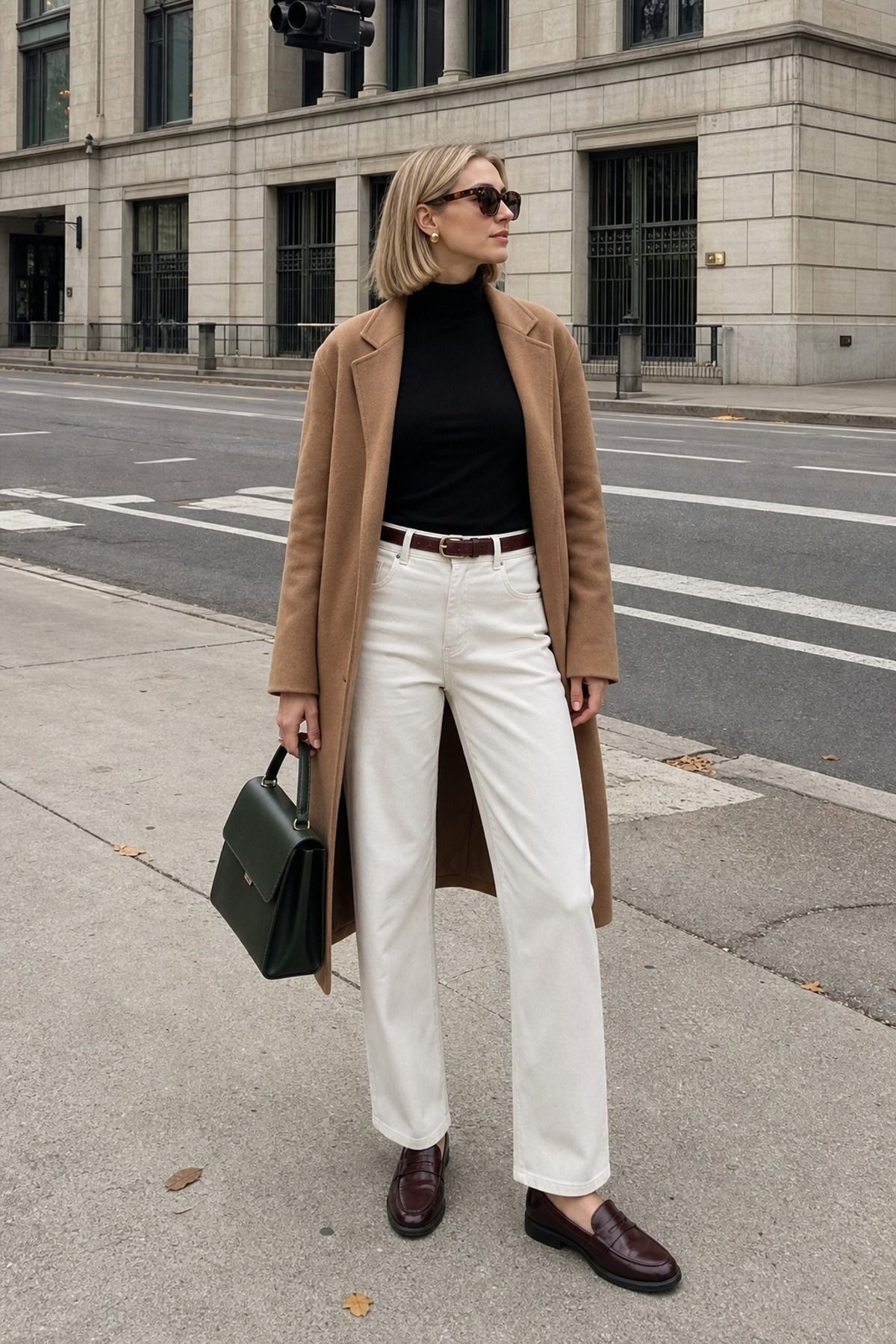 Woman wearing white pants with a camel coat