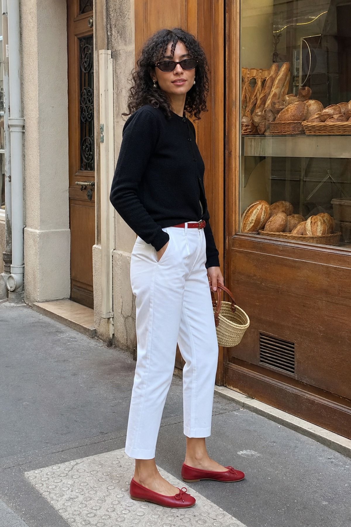 Woman wearing white pants with ballet flats