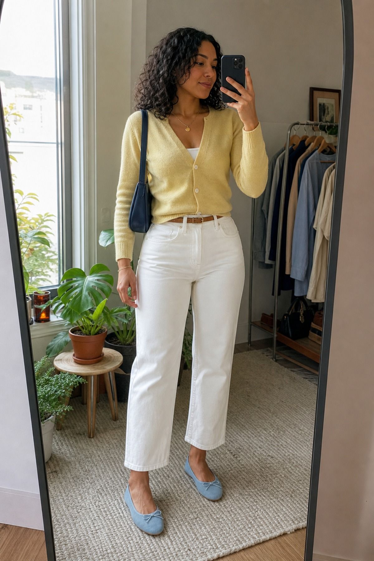 Woman wearing white pants with a cardigan