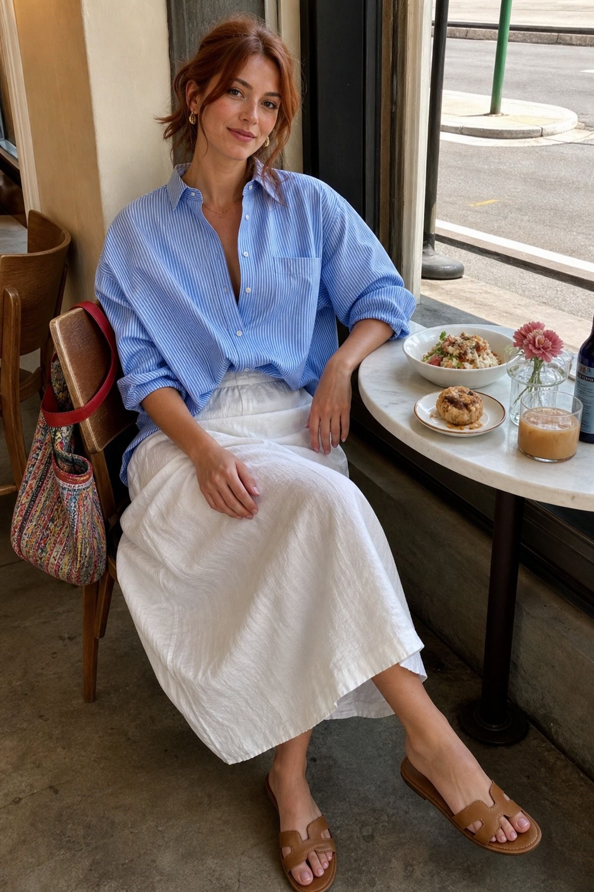 Woman wearing a white skirt with a button down shirt