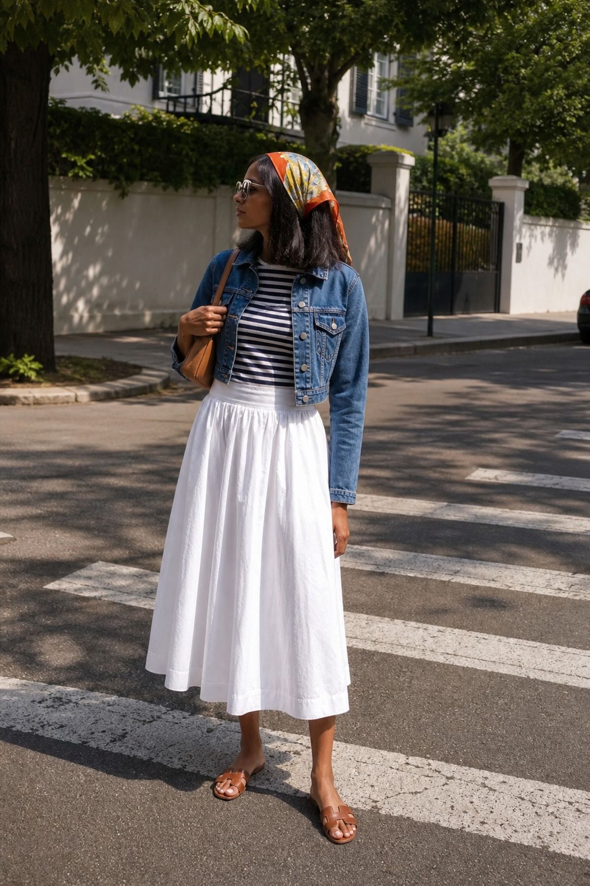 Woman wearing a white skirt with a denim jacket