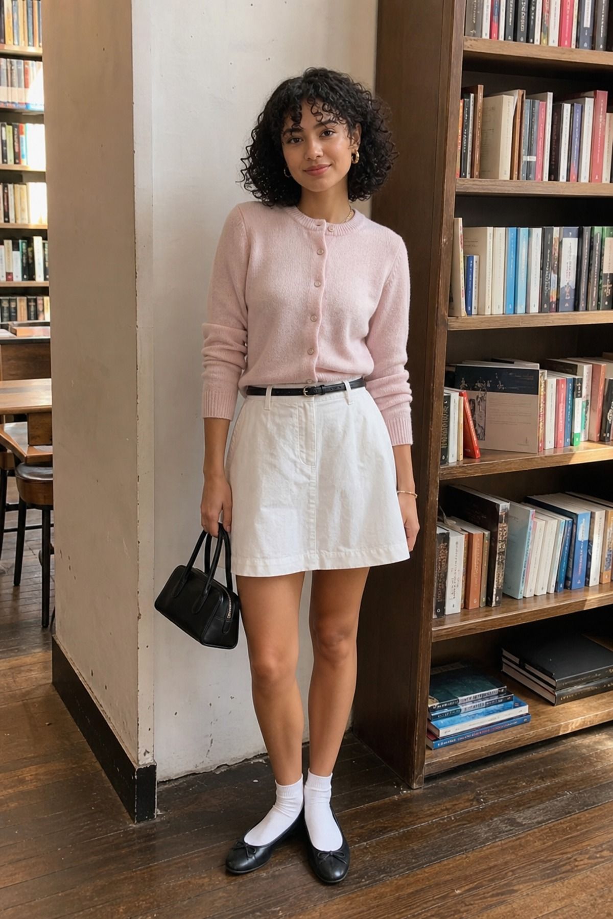 Woman wearing a white skirt with ballet flats