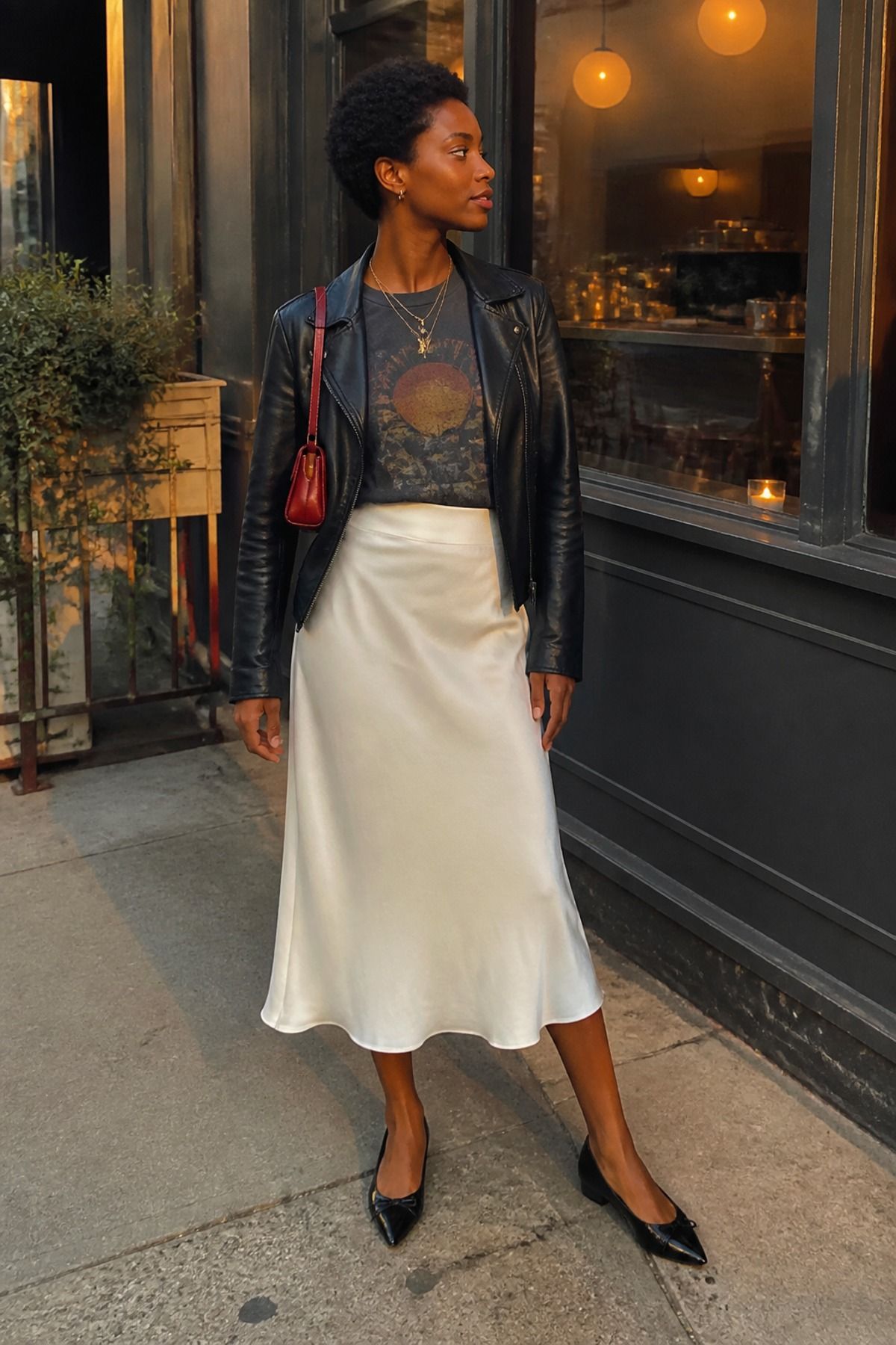 Woman wearing a white skirt with a leather jacket