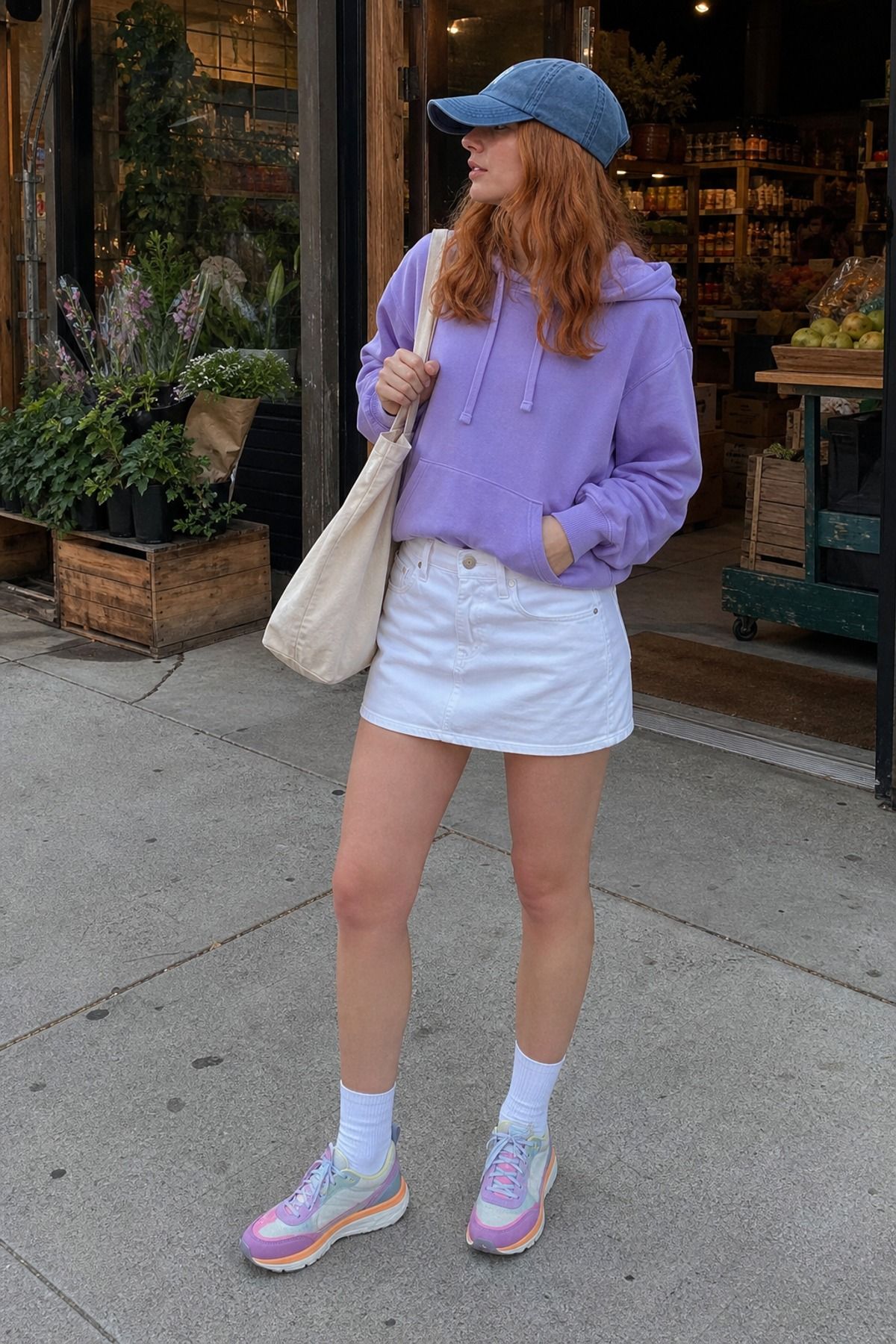 Woman wearing a white skirt with a hoodie