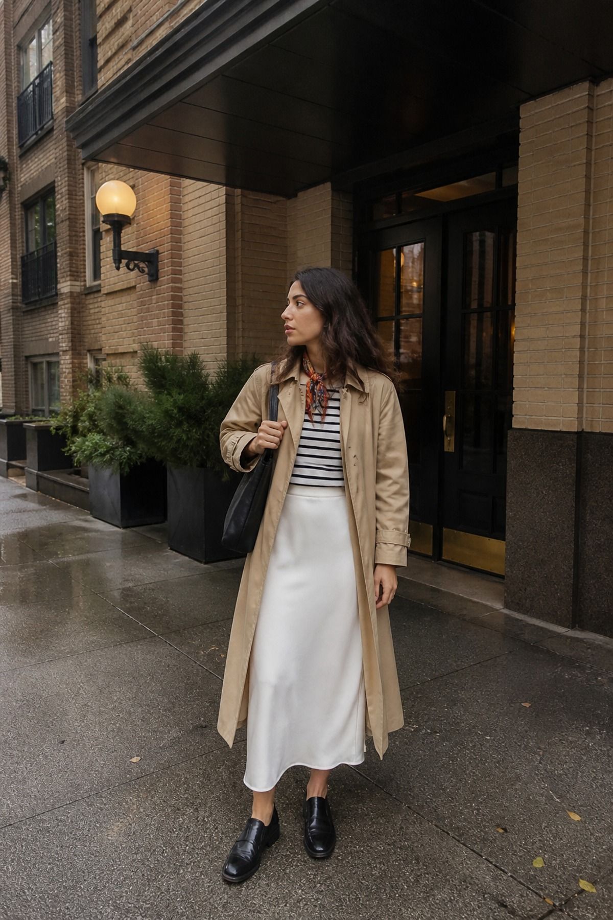 Woman wearing a white skirt with a trench coat