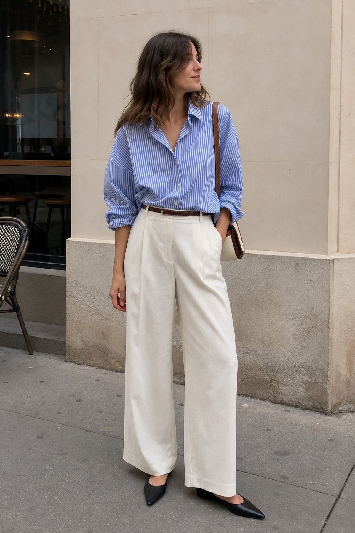Woman wearing wide leg pants with a button down