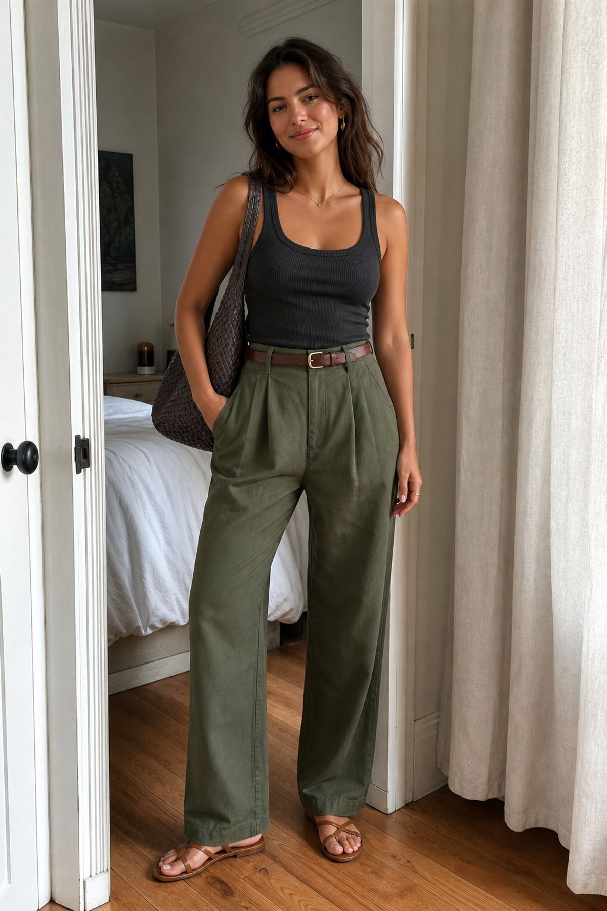 Woman wearing wide leg pants with a tank