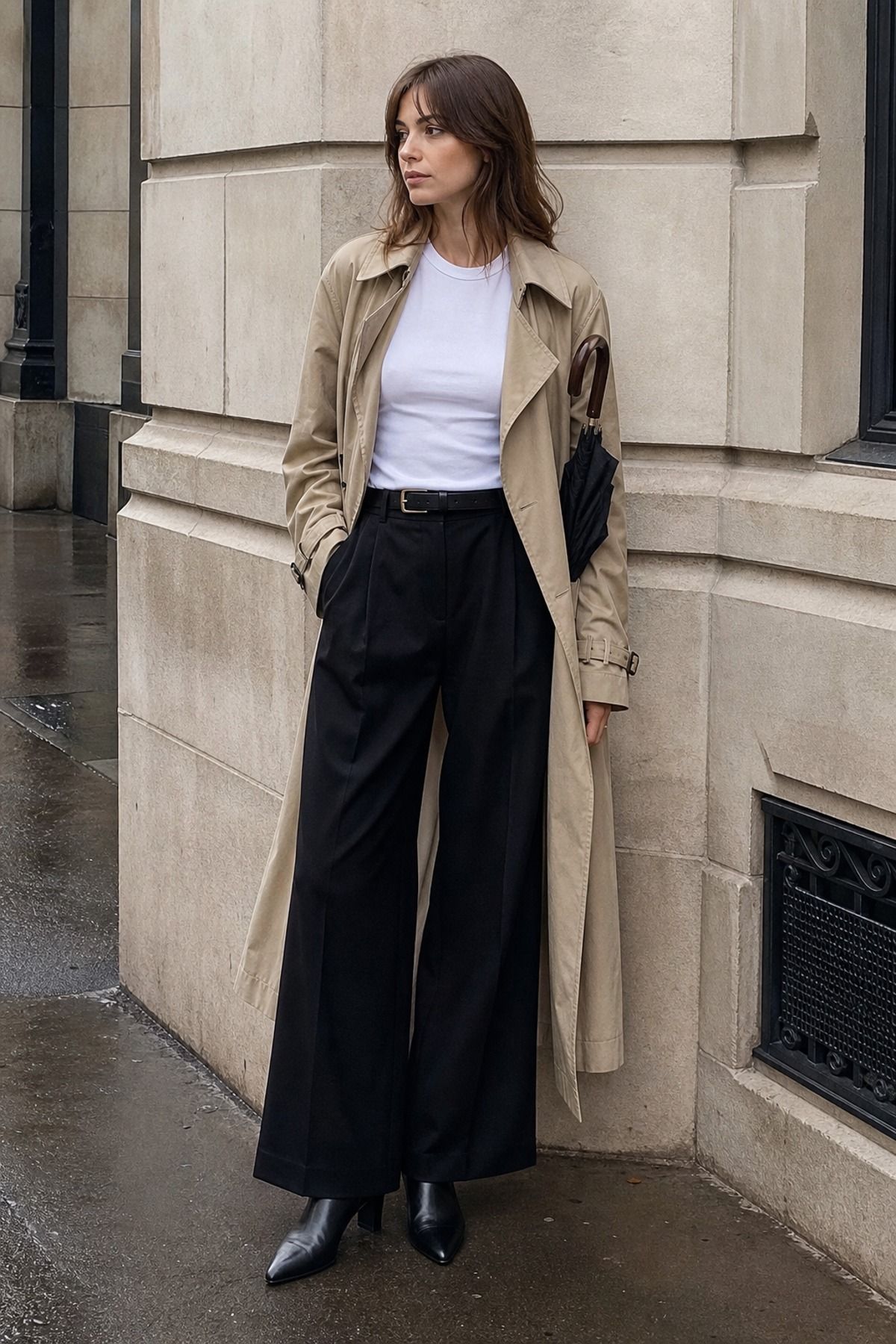 Woman wearing wide leg pants with a trench