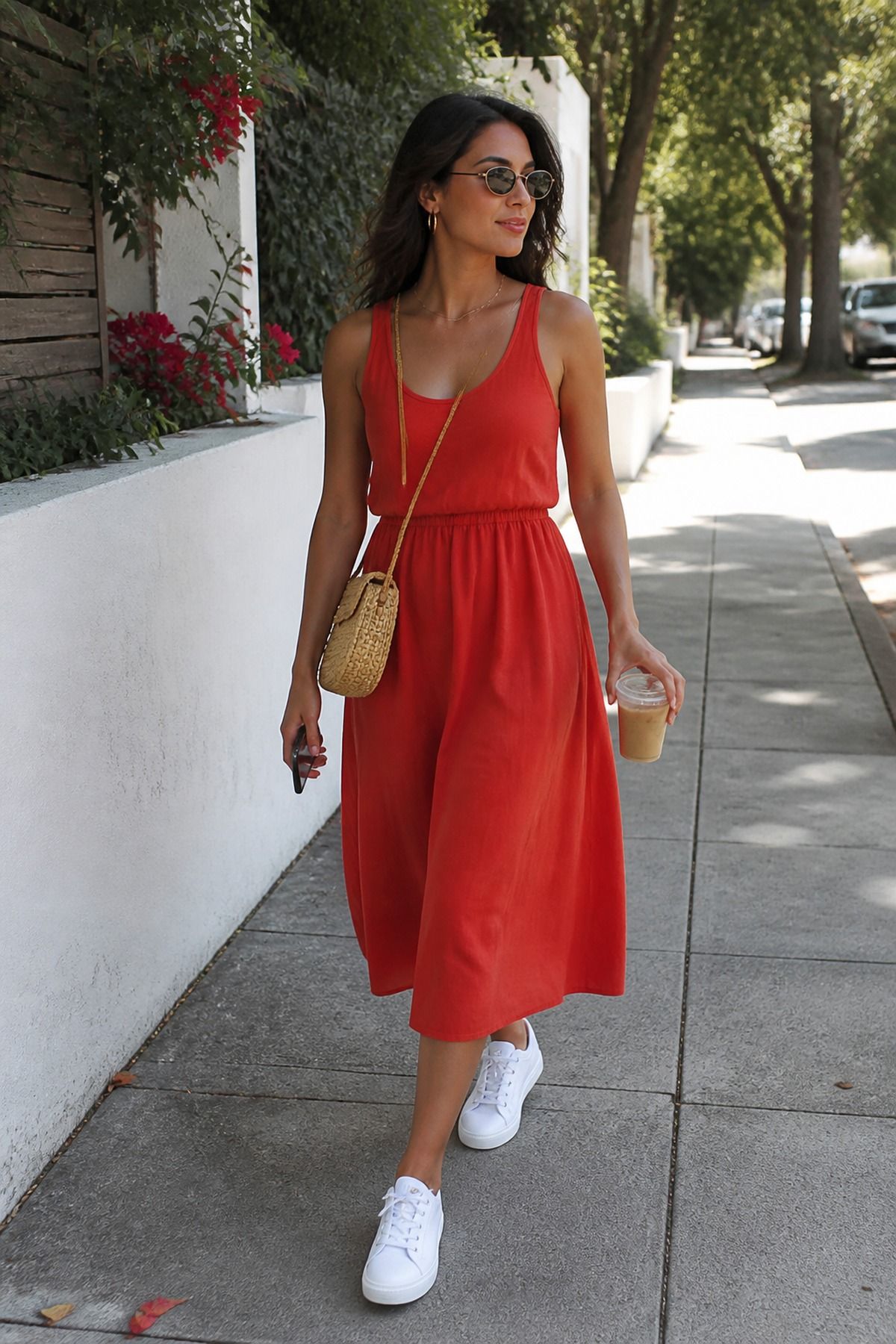 Casual Dress with White Sneakers outfit idea for 22 Best Casual Dress Outfit Ideas for Errands, Lunches, Travel, and Everyday Plans.
