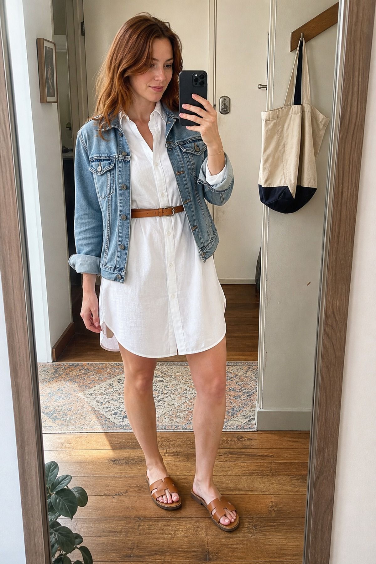 Woman wearing a shirt dress with a denim jacket