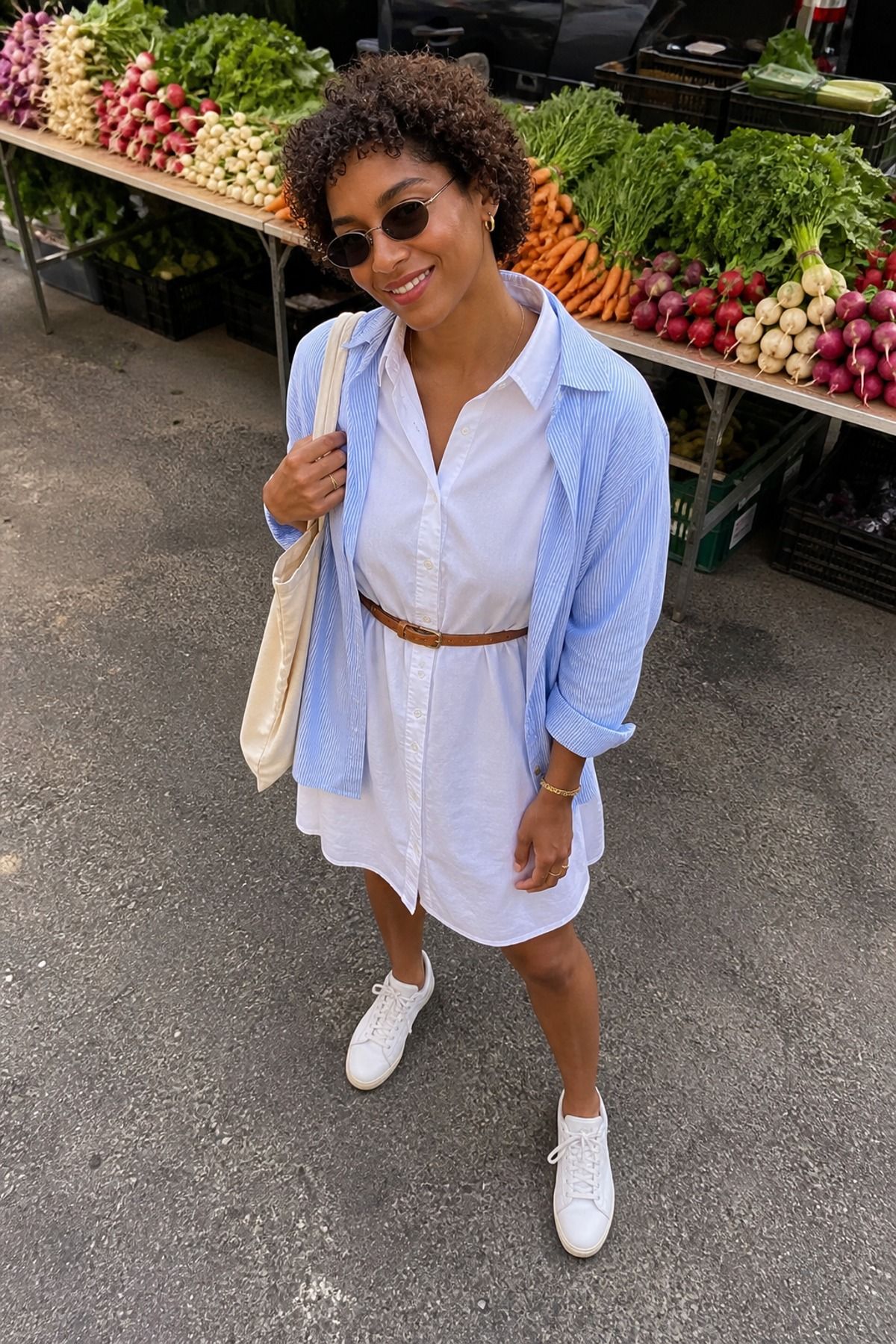 Woman wearing a shirt dress with a button down shirt