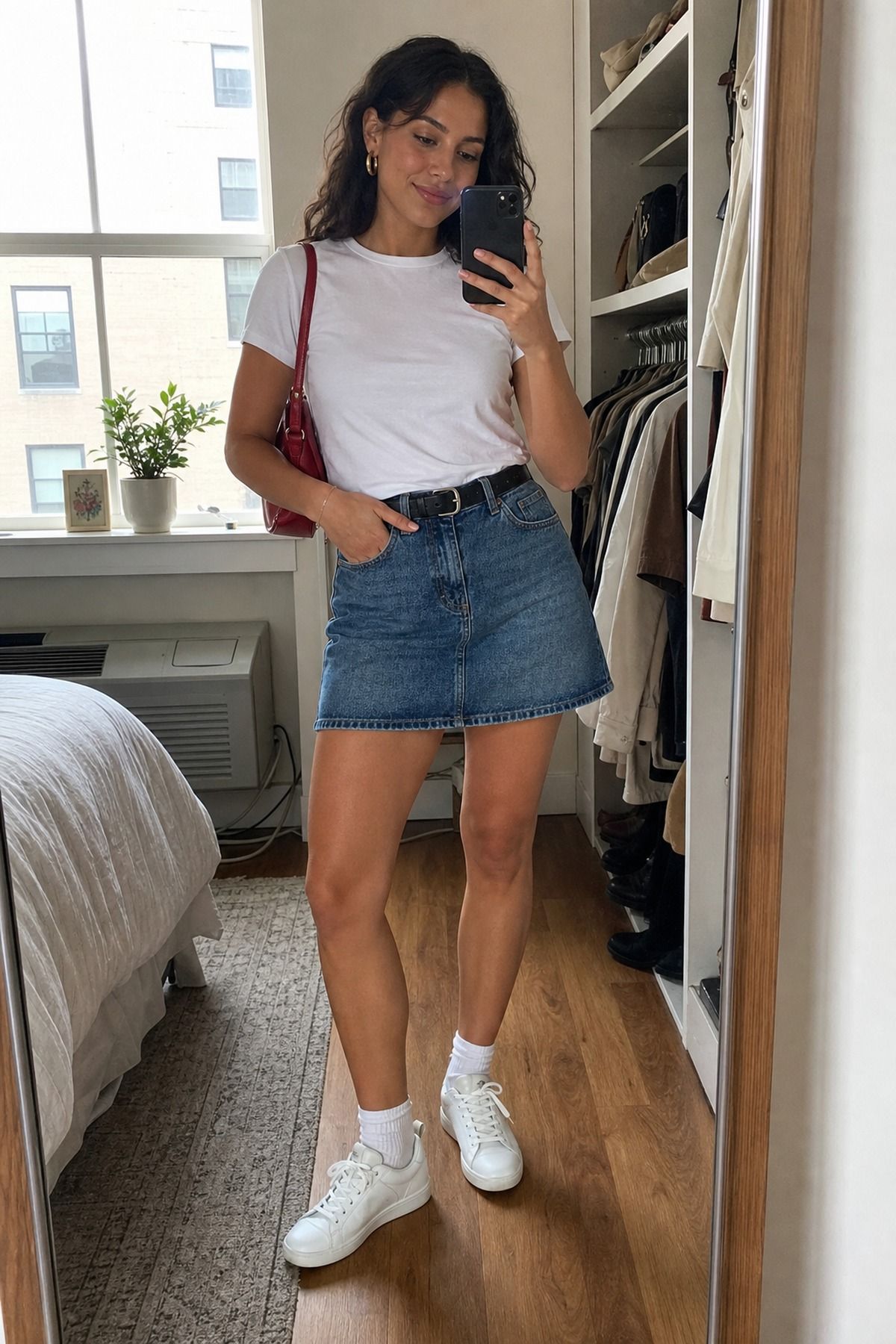 Woman wearing a skirt with a white t-shirt, a skirt and sneakers outfit