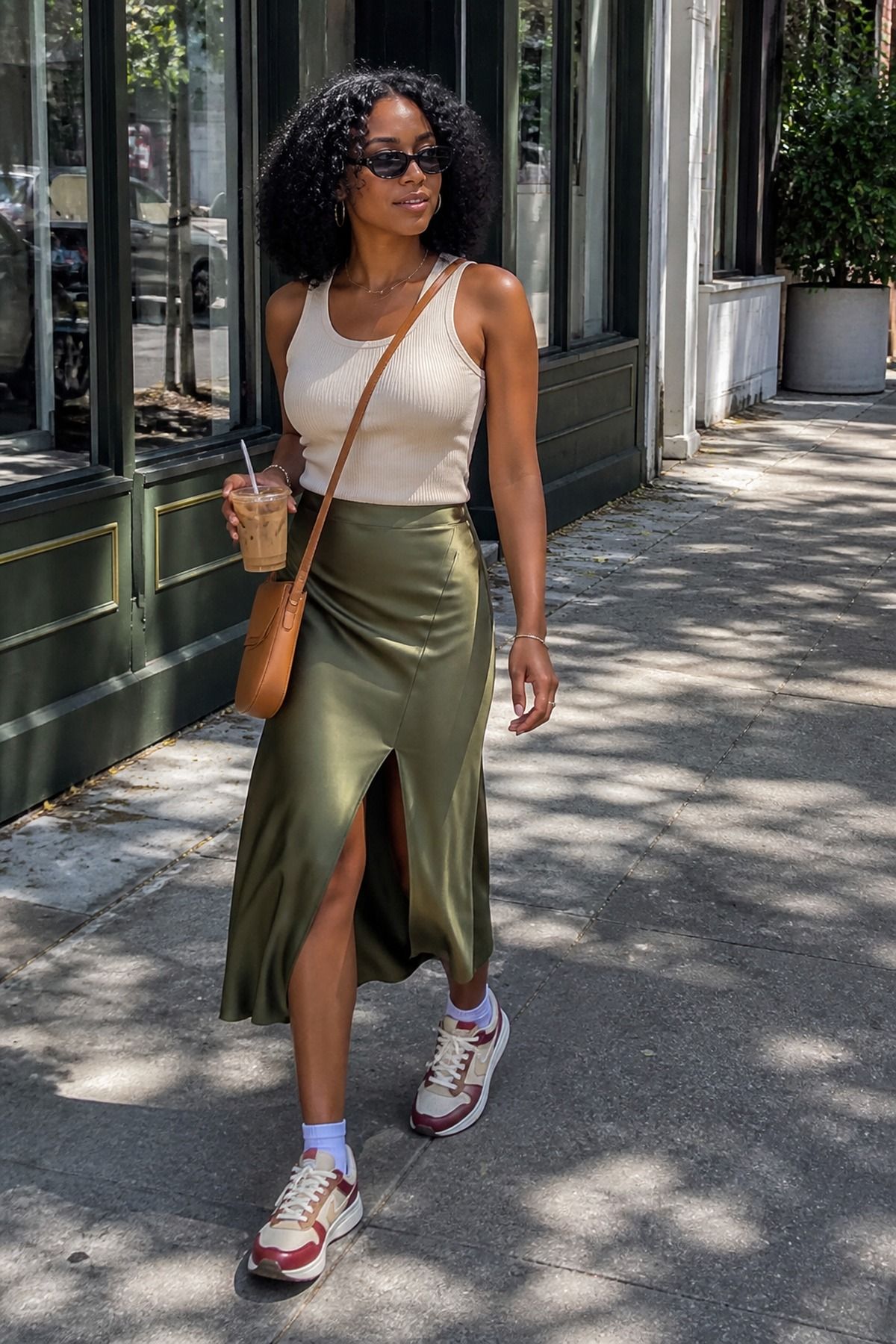 Woman wearing a skirt with sneakers, a skirt and sneakers outfit