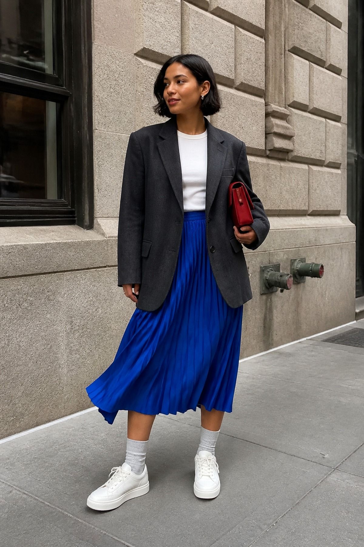 Woman wearing a skirt with a blazer, a skirt and sneakers outfit