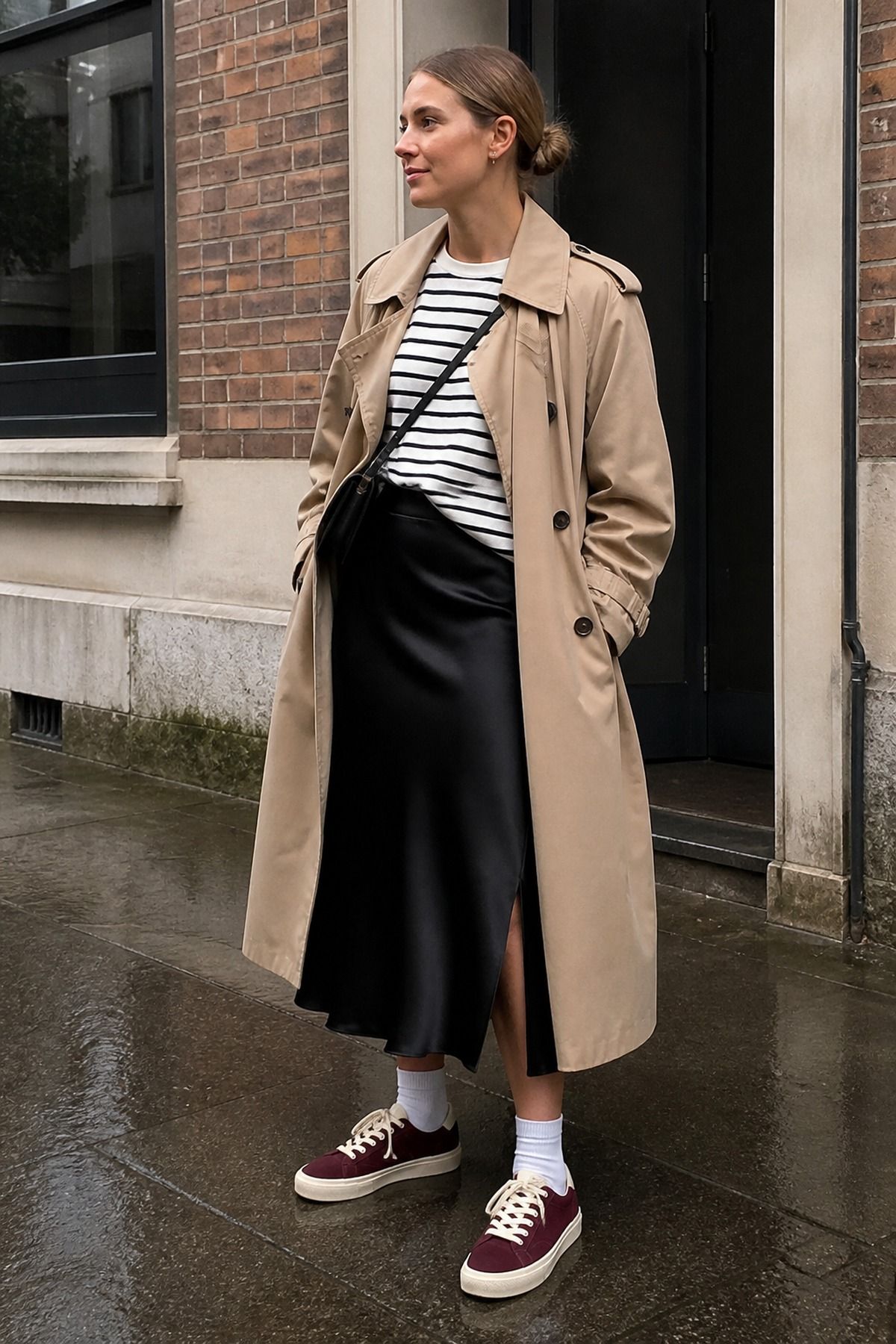 Woman wearing a skirt with a trench coat, a skirt and sneakers outfit
