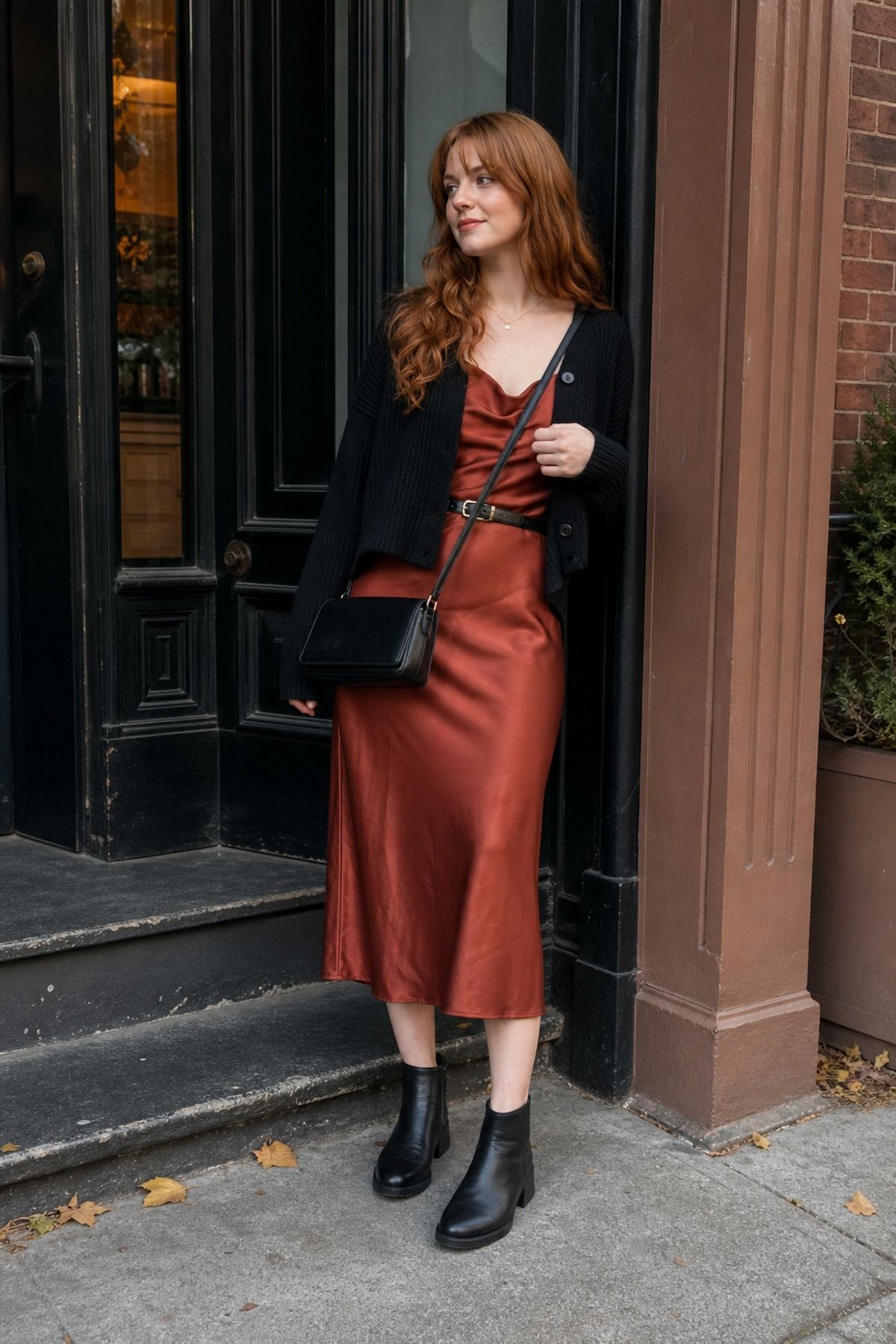 Woman wearing a slip dress with ankle boots