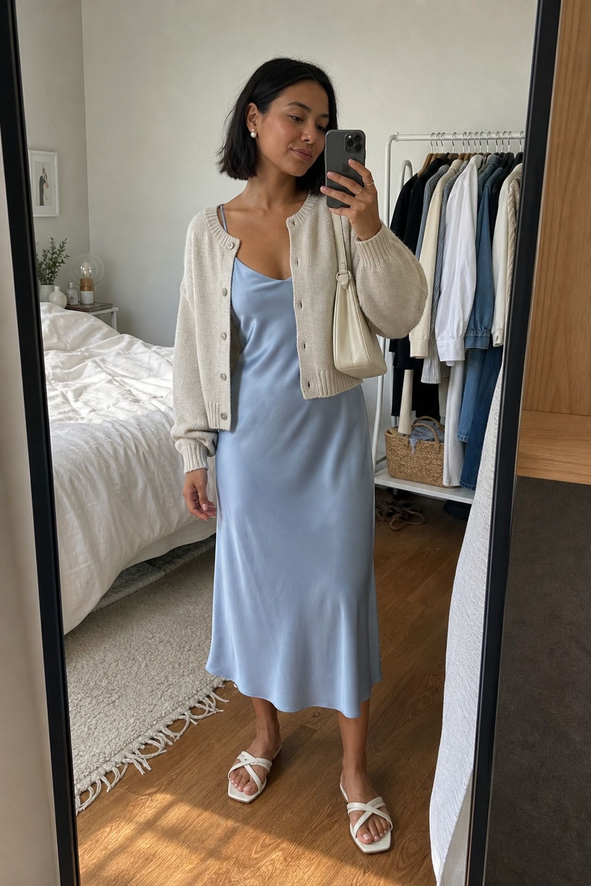 Woman wearing a slip dress with a cardigan