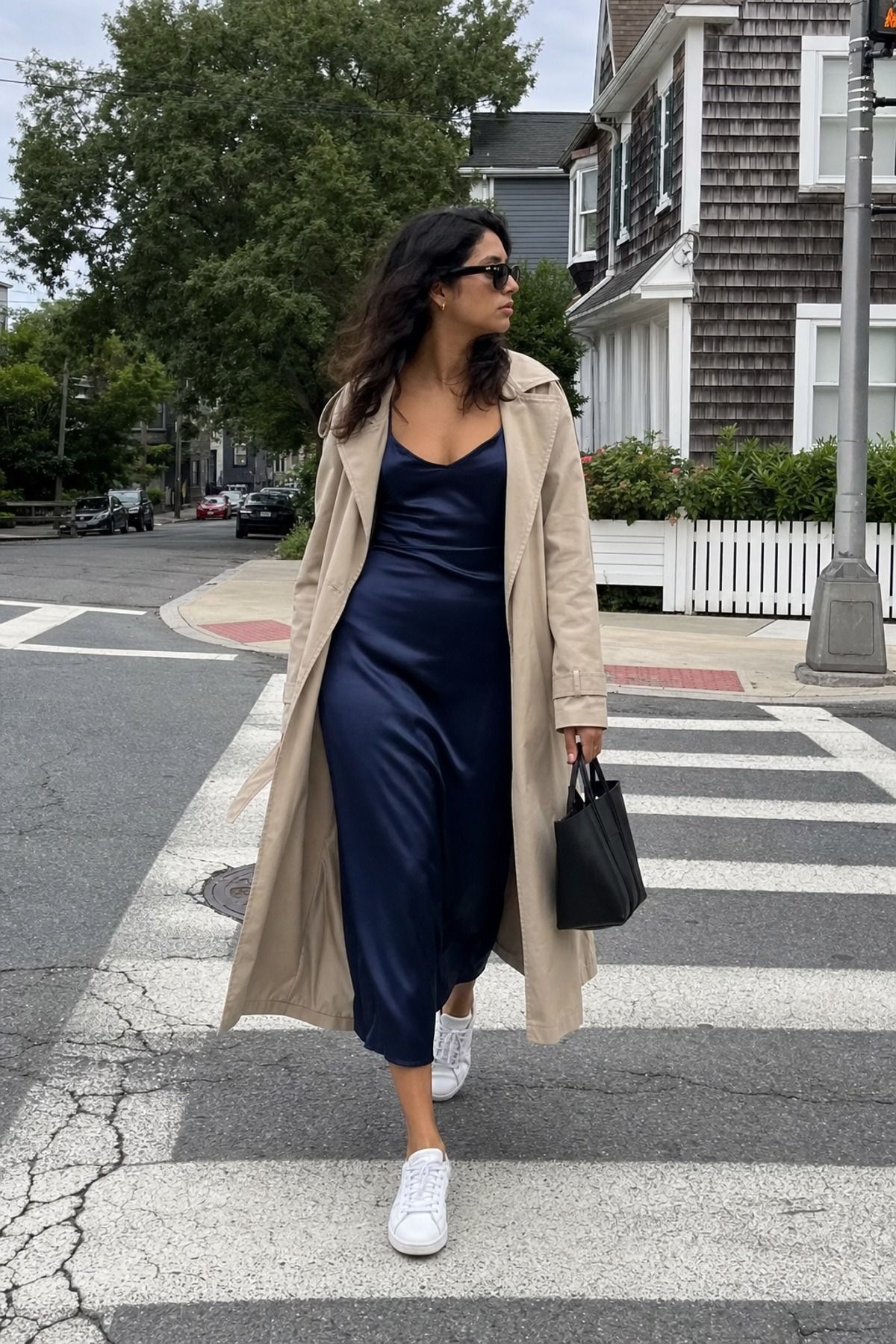 Woman wearing a slip dress with a trench coat