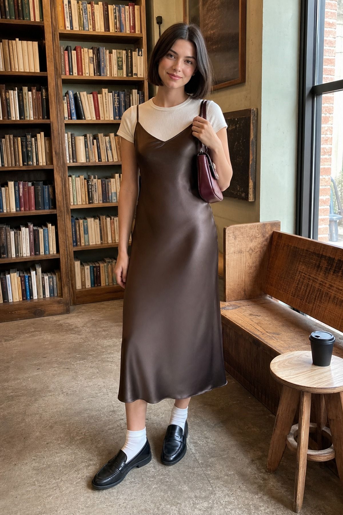 Woman wearing a slip dress with loafers