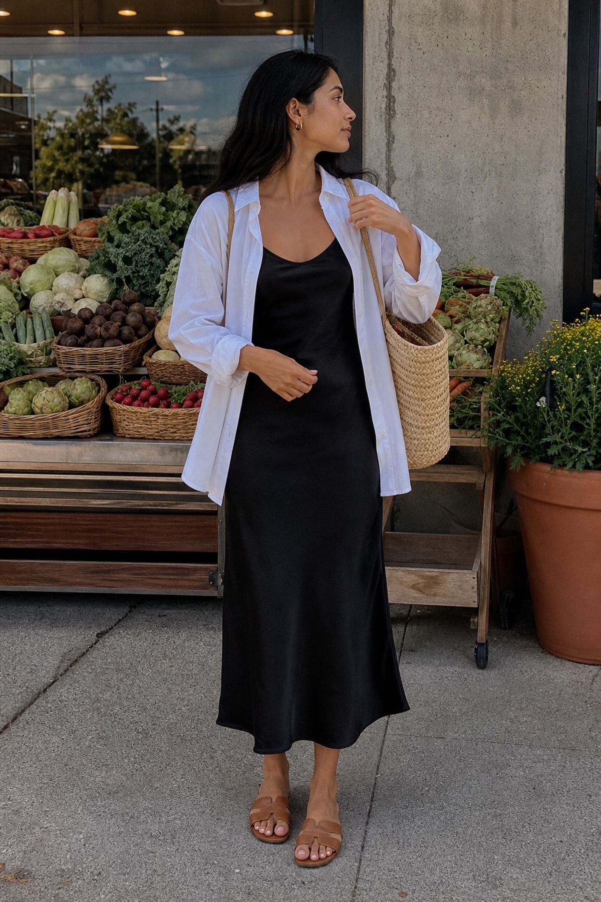 Woman wearing a slip dress with a button down shirt