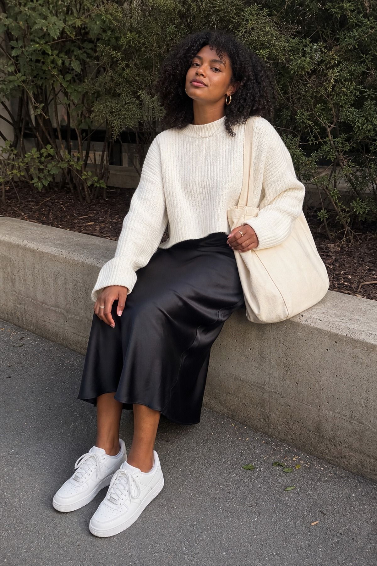 Woman wearing a slip dress with a sweater over it