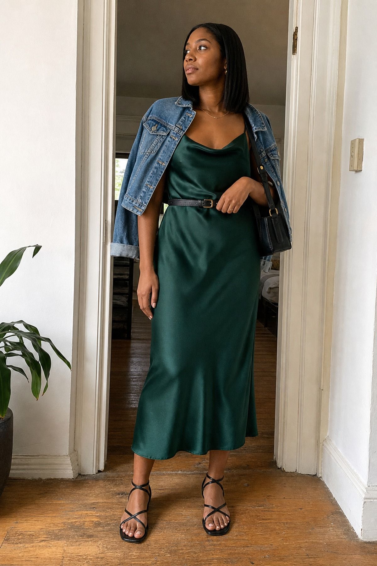 Woman wearing a slip dress with a belt