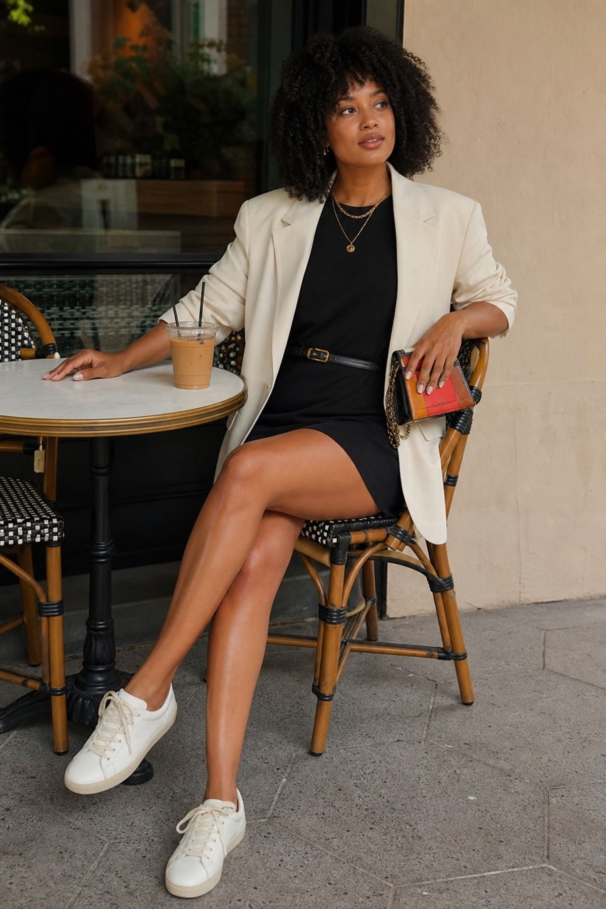 Woman wearing a t-shirt dress with a blazer